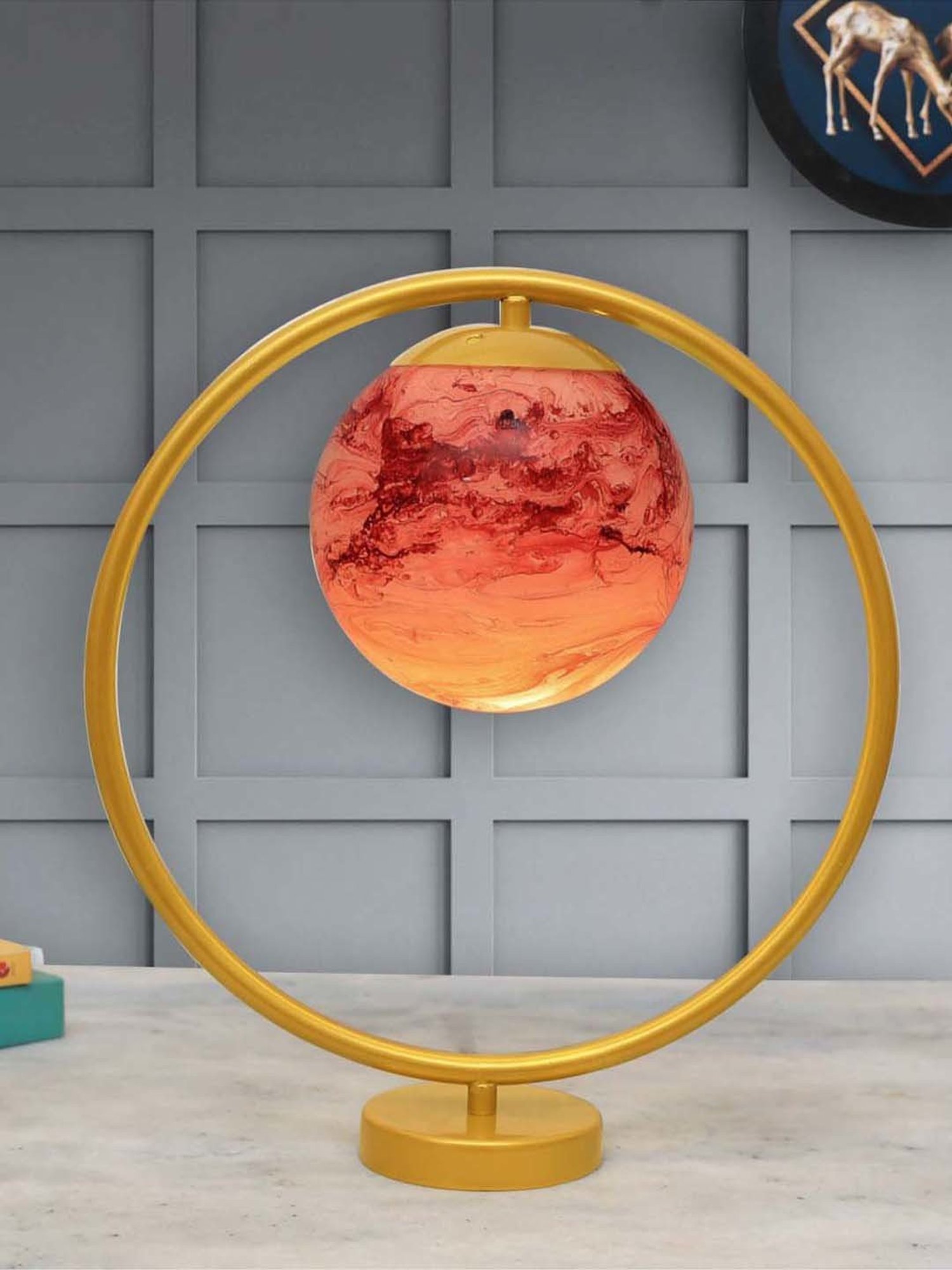 Homesake Red & Golden Metal Bedside Globe Desk Lamp