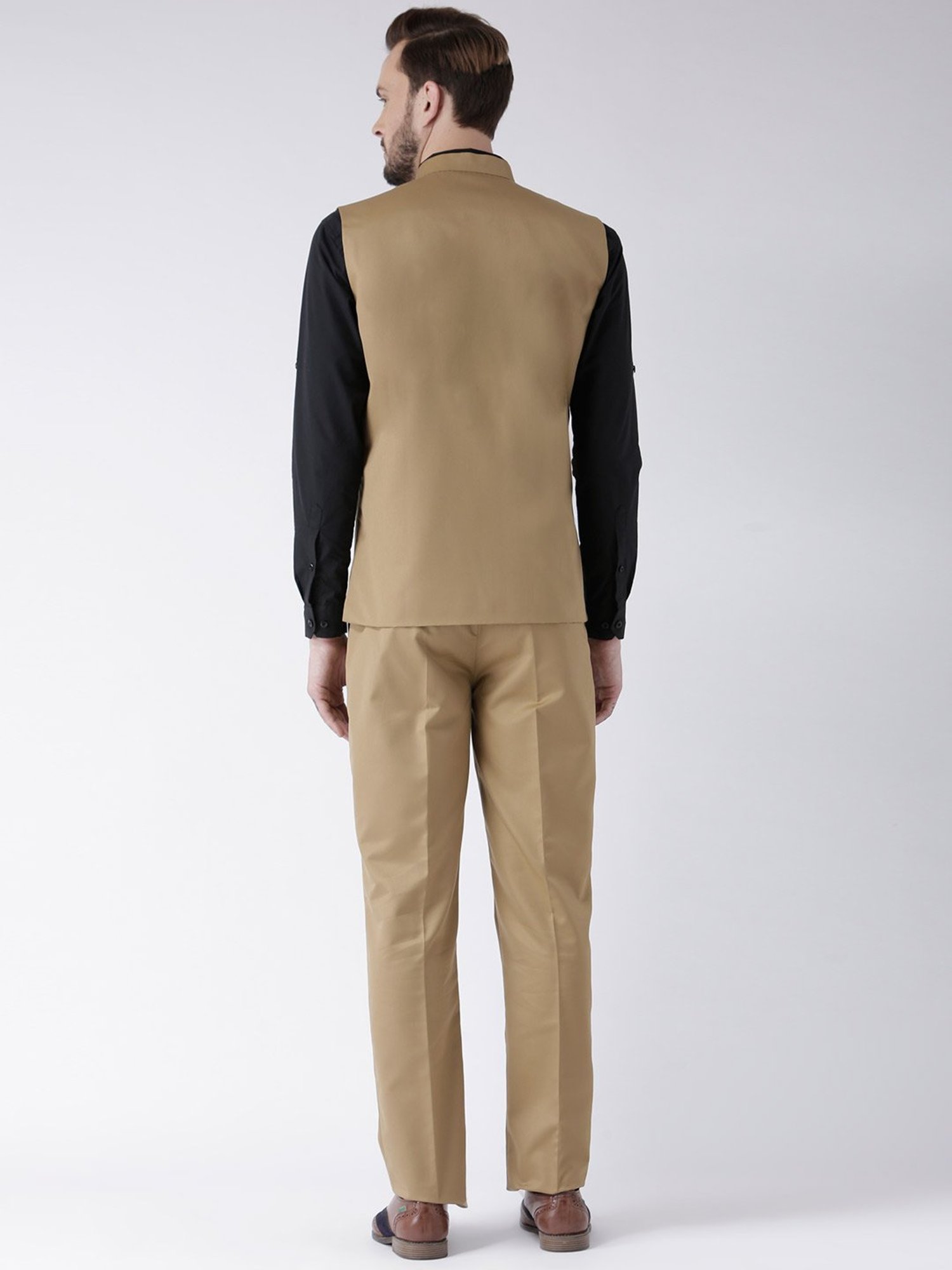 Hangup Plus Khaki Regular Fit Mandarin Collar Two Piece Suit