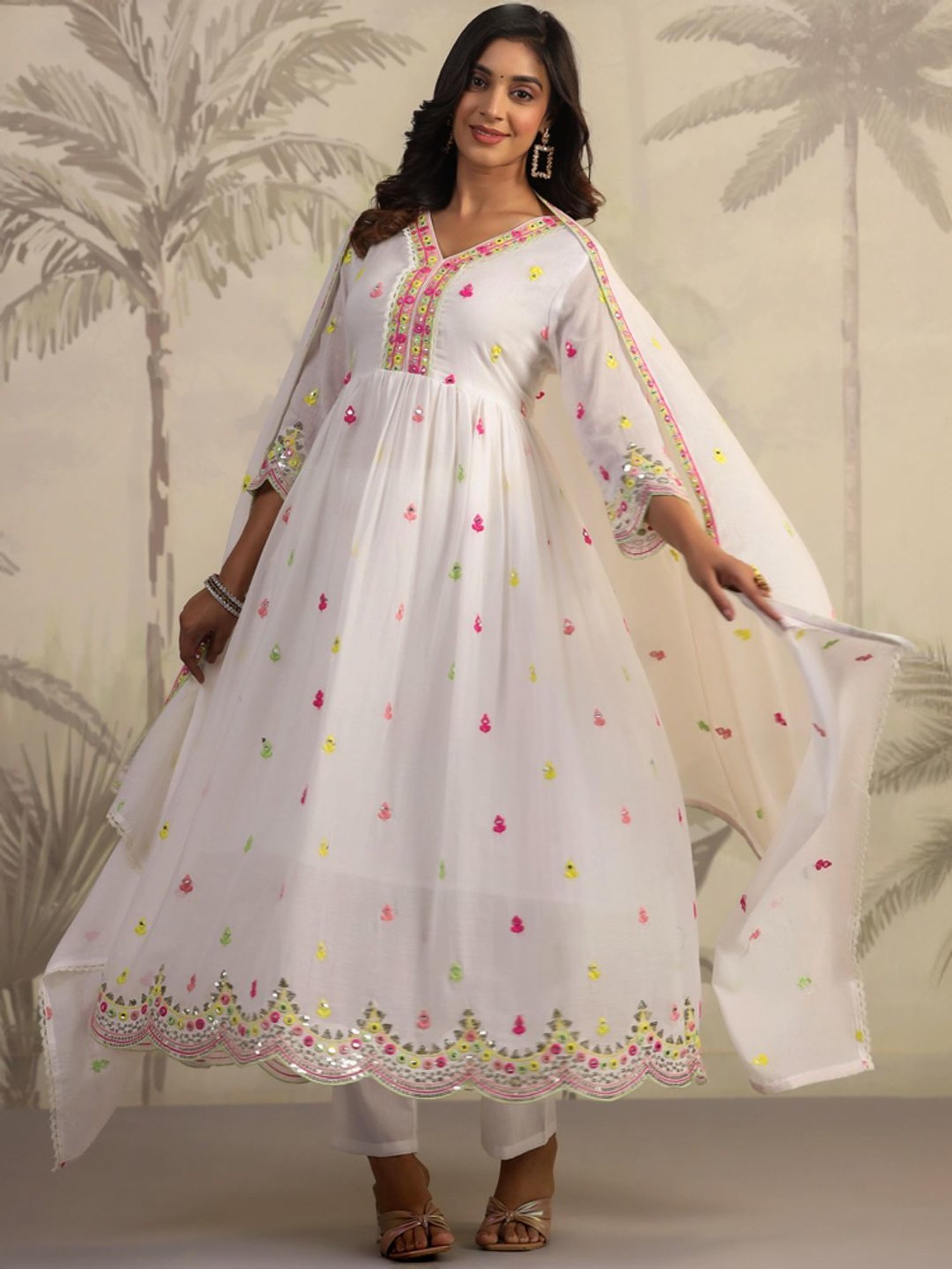 SCAKHI White Cotton Embroidered Kurta Pant Set With Dupatta