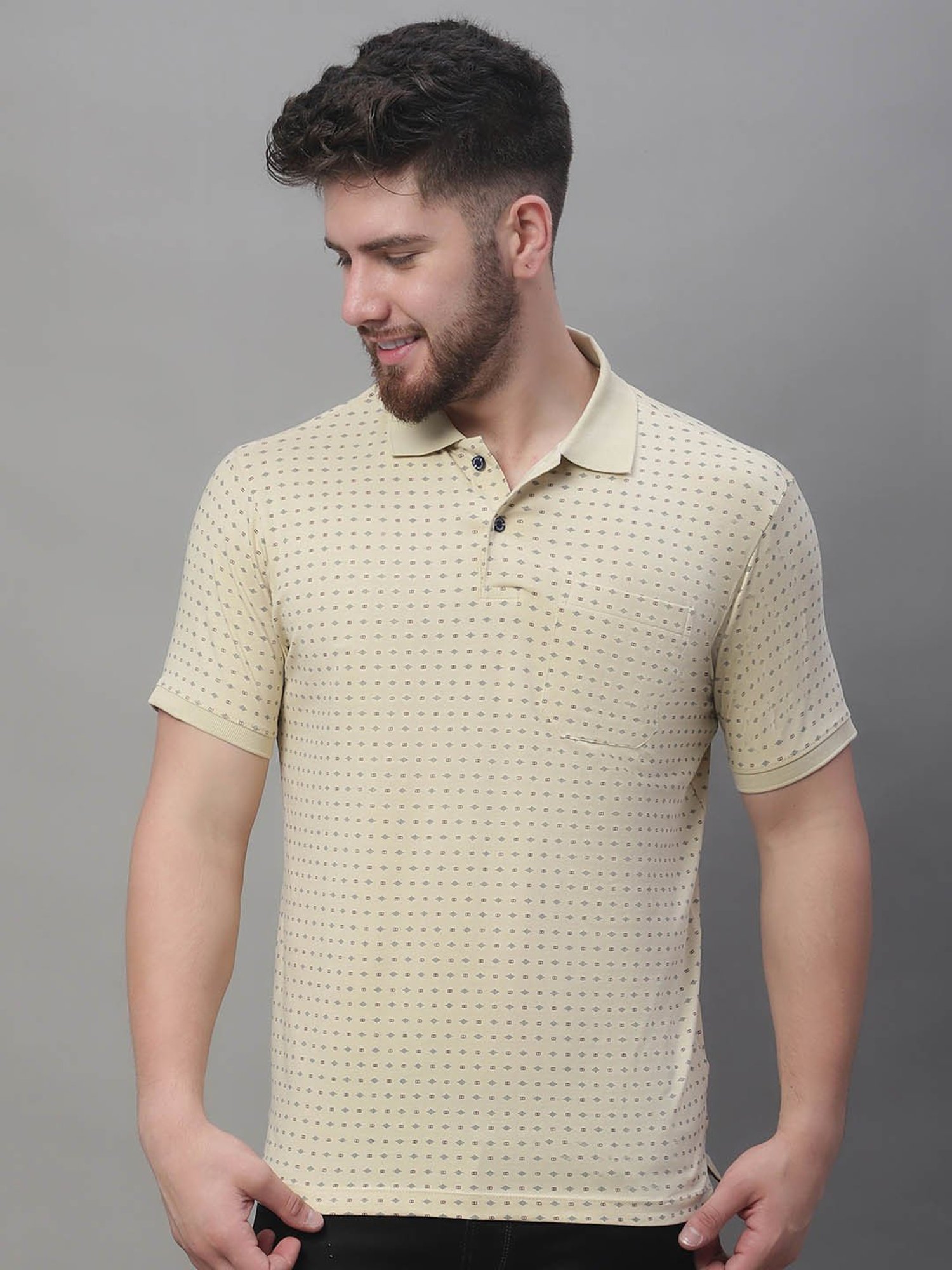 Venitian- Forbidden Clothing Light Beige Slim Fit Printed Polo T-Shirt