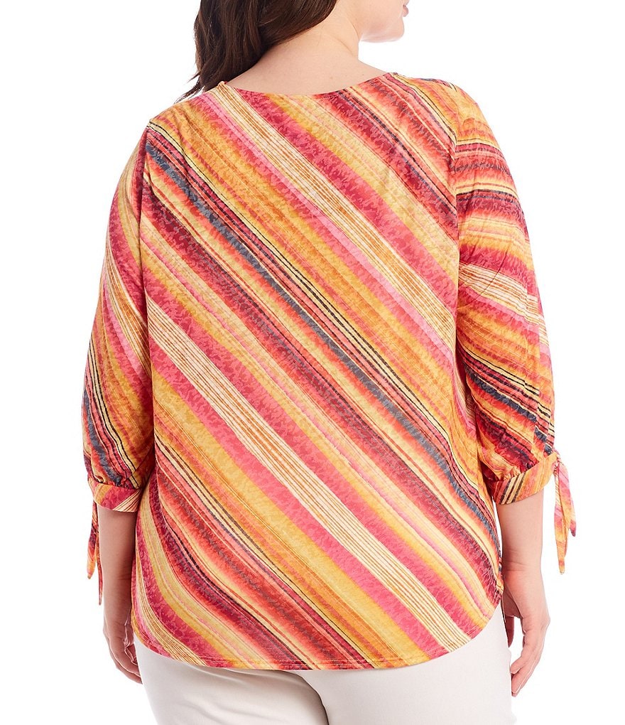 Ruby Rd. Plus Size Embellished Watercolor Stripe Jewel Neck Bow Cuff 3/4 Sleeve Top