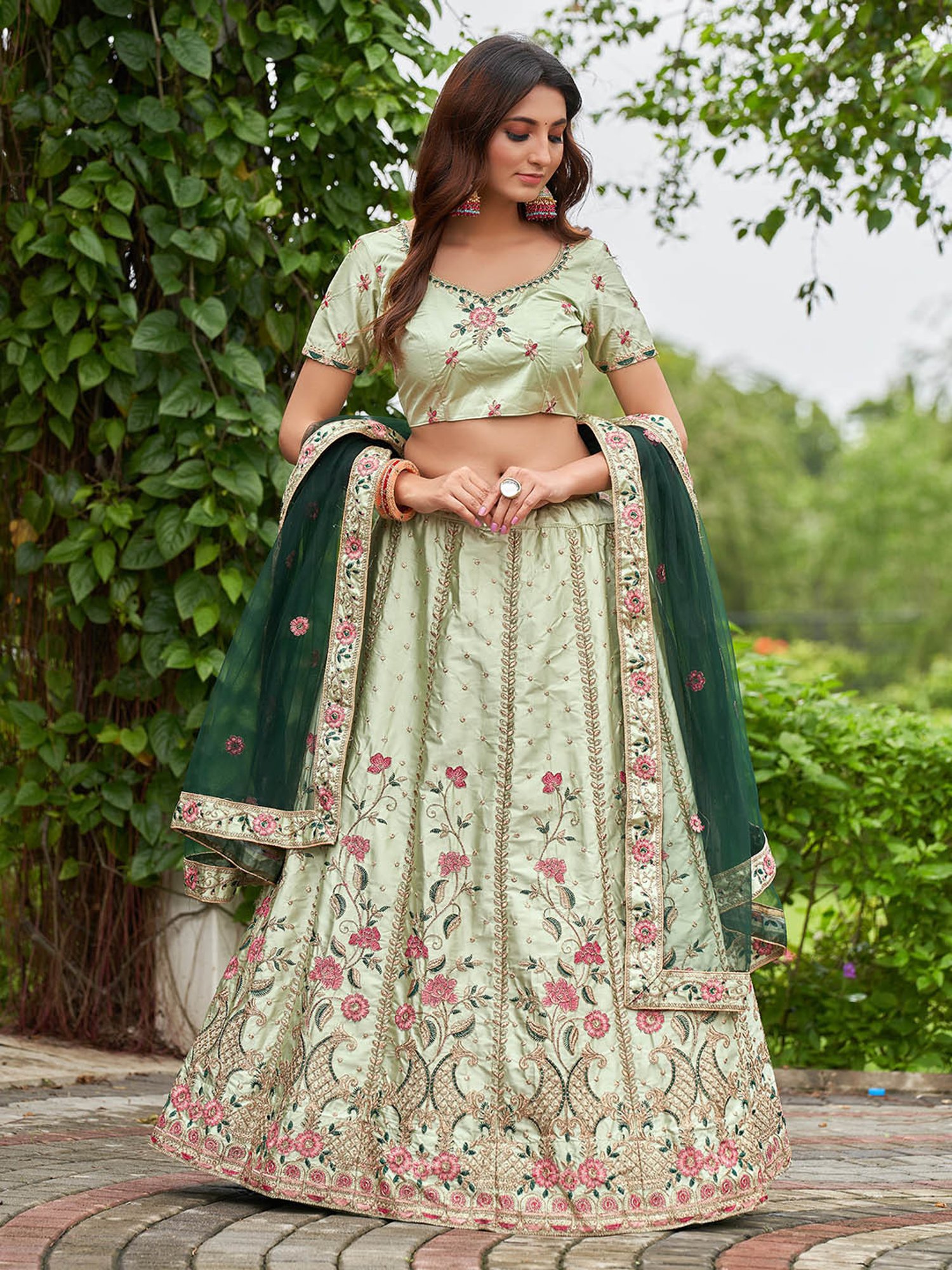 Warthy Ent Pista Green Floral Print Lehenga Choli Set With Dupatta