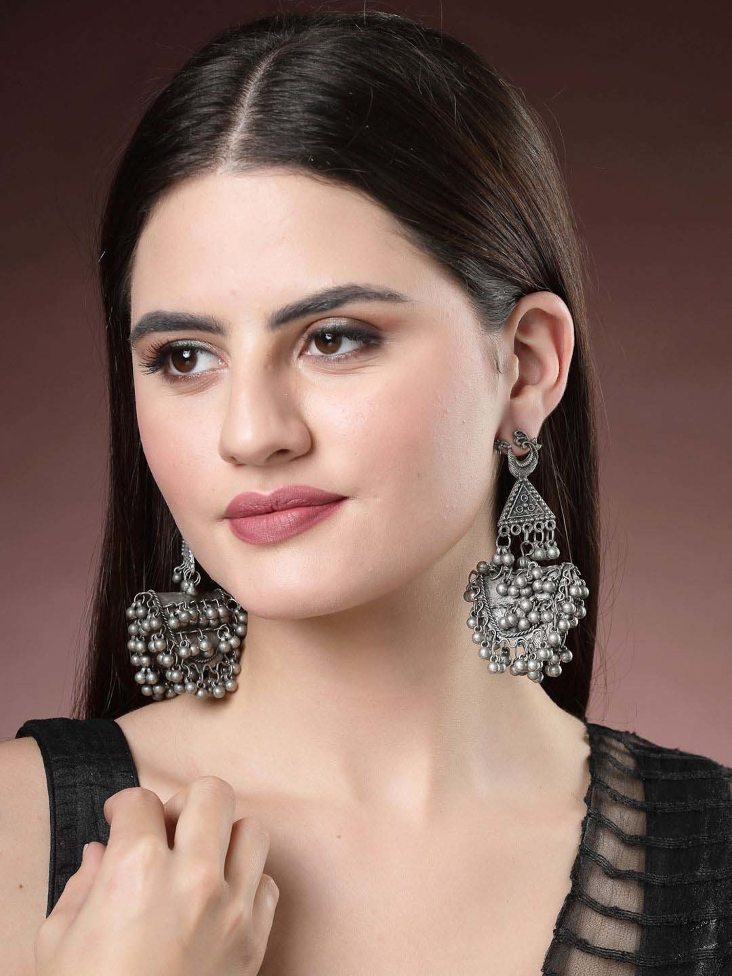 NVR Silver-Plated Oxidized Contemporary Dangler Earrings for Women