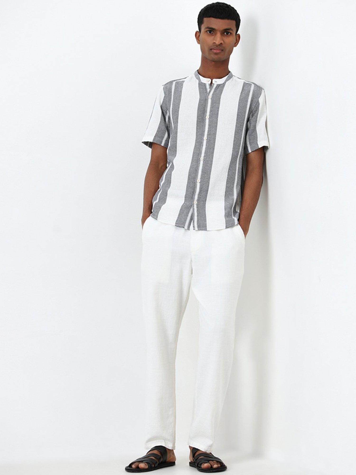ETA by Westside Grey Stripe Printed Resort-Fit Cotton Shirt