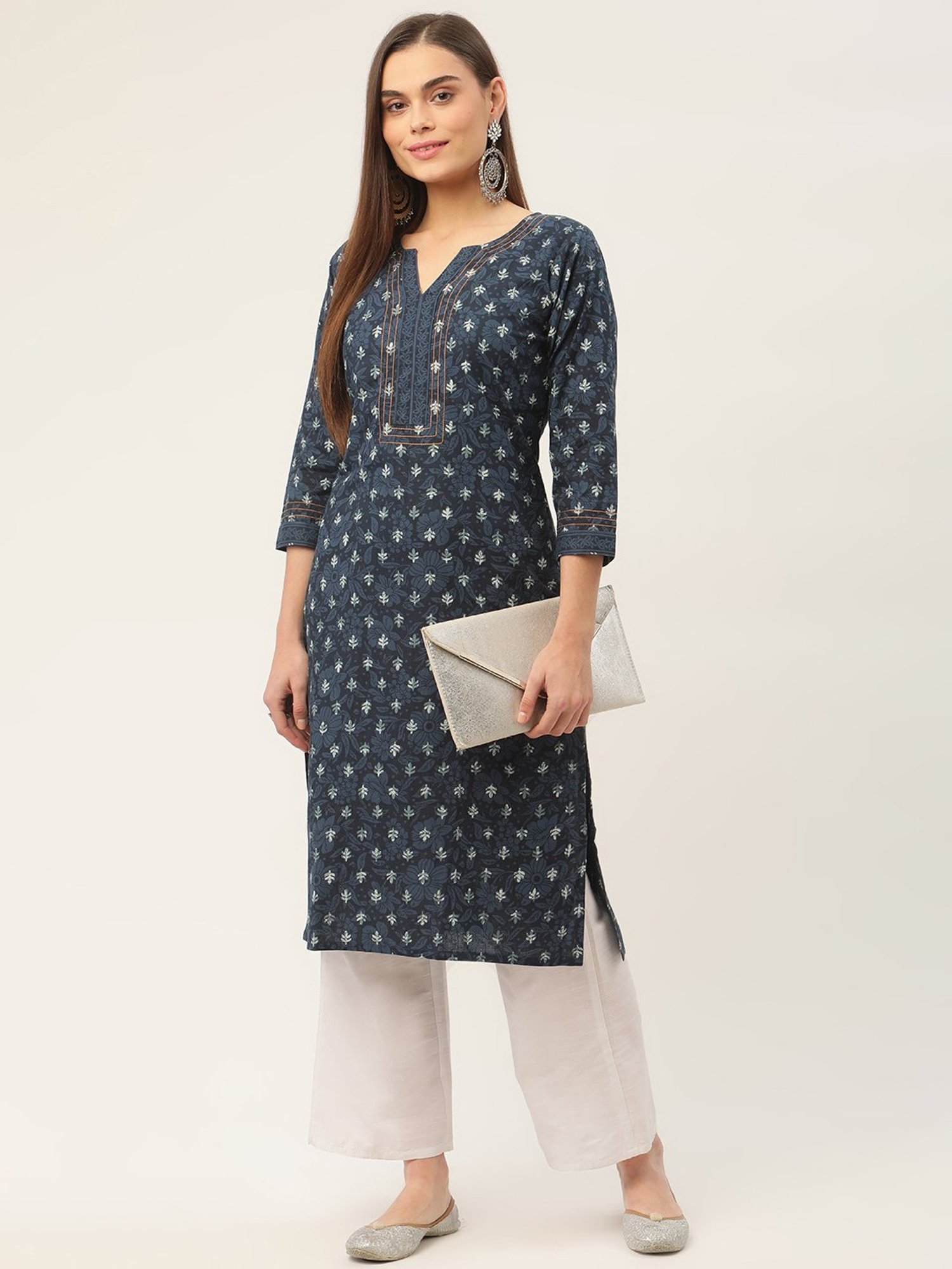 Jompers Blue Pure Cotton Floral Print Straight Kurta