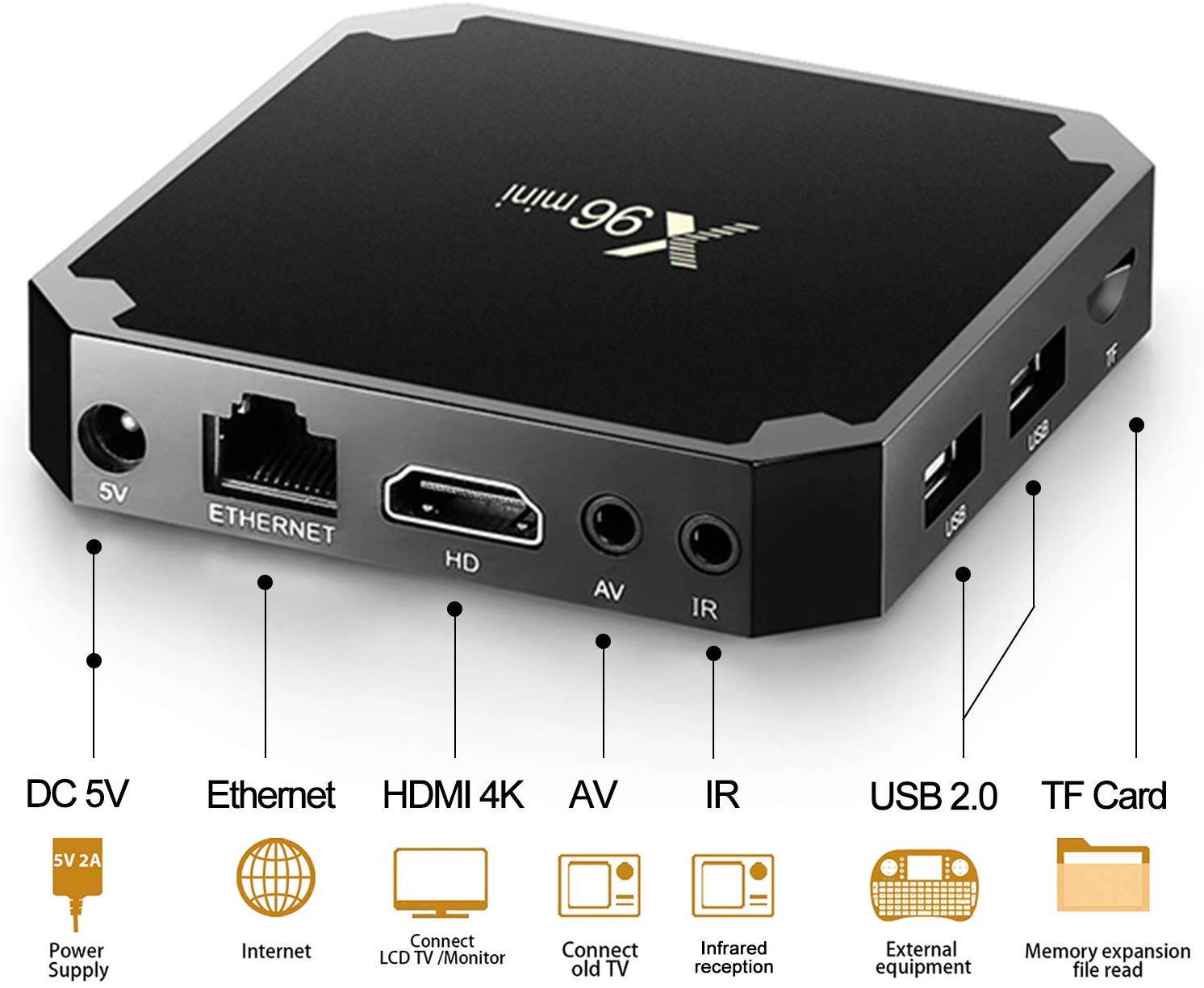 Android 4K TV Box X96 Mini TV Box Android 7.1.2 (2GB RAM + 16GB ROM) S905W Quad-Core Cortex-A53 with WiFi 2.4GHz 100M LAN/H.265 4K 3D HD Mini X96 Set Top Box