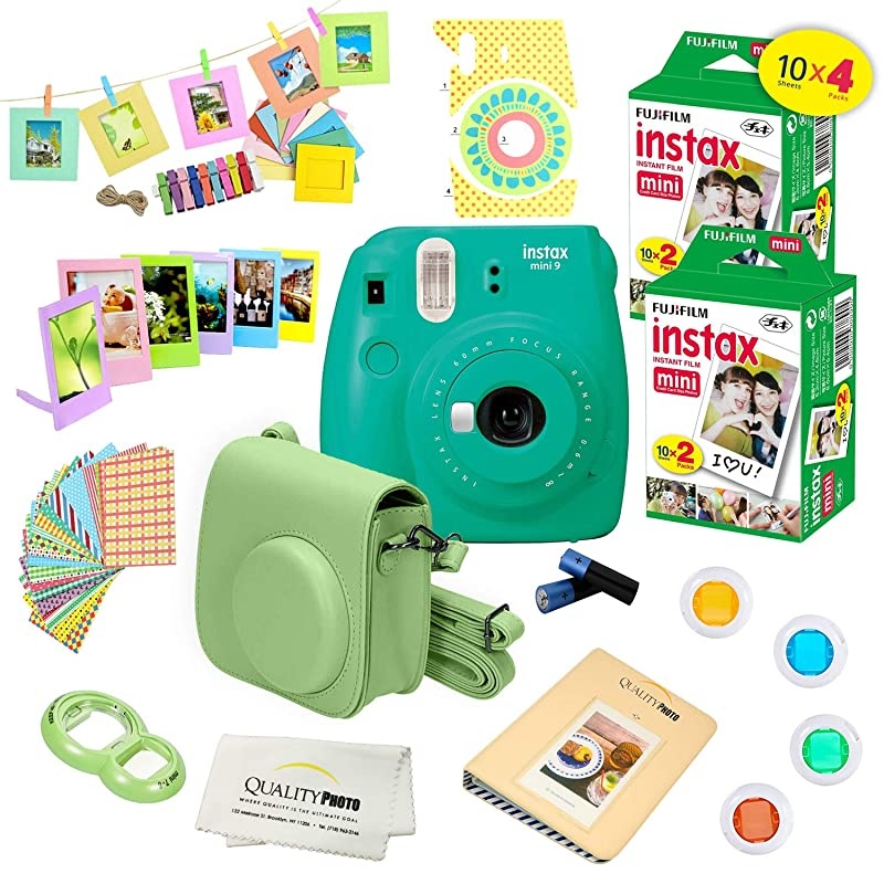 Instax Mini 9 Camera + Fuji INSTAX Instant Film (40 Sheets) + 14 PC Instax Accessories kit Bundle, Includes; Instax Case + Album + Frames & Stickers + Lens Filters + More (Flamingo Pink)