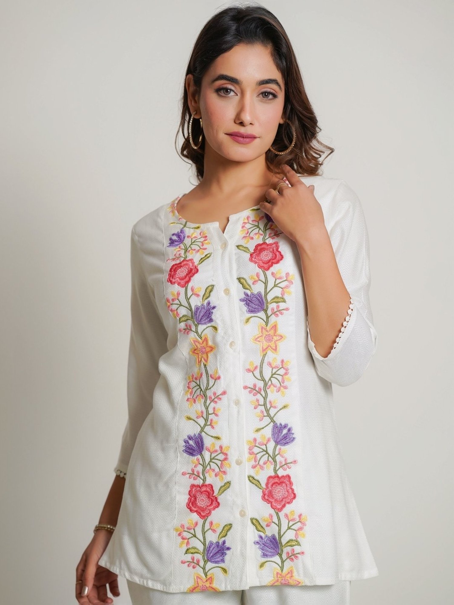 Zolo Label White Cotton Embroidered Shirt Pant Set