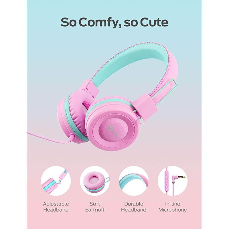 Kids Headphones for School with Microphone - 94dB Volume Control, Wired Headphones for Kids Girls Boys, Adjustable Foldable On-Ear Headphones for Online Learning/iPad/Tablet/Travel, Pink