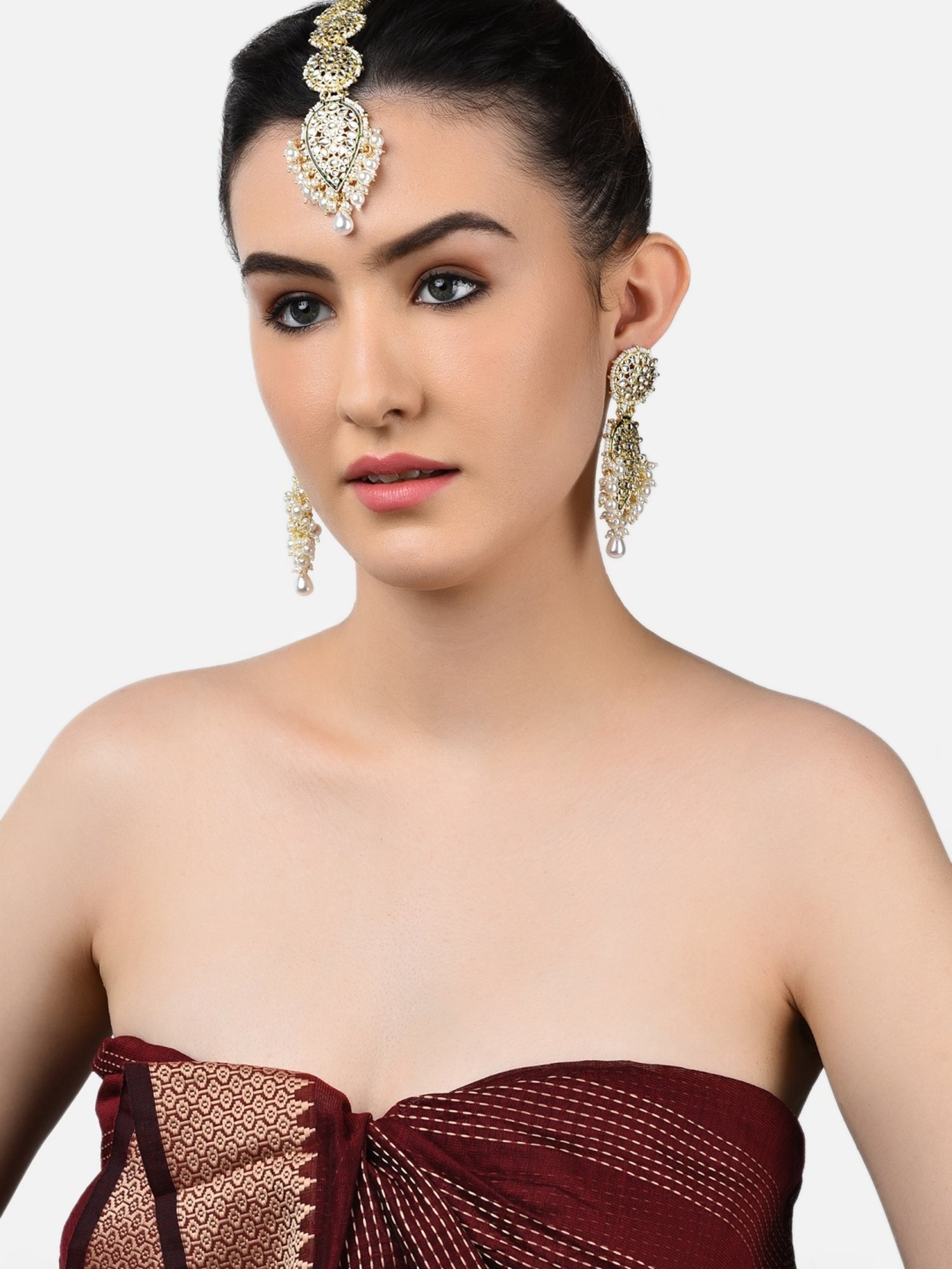 Zaveri Pearls Gold Tone Traditional Kundan Dangle Earring & Maangtikka Set-ZPFK11230