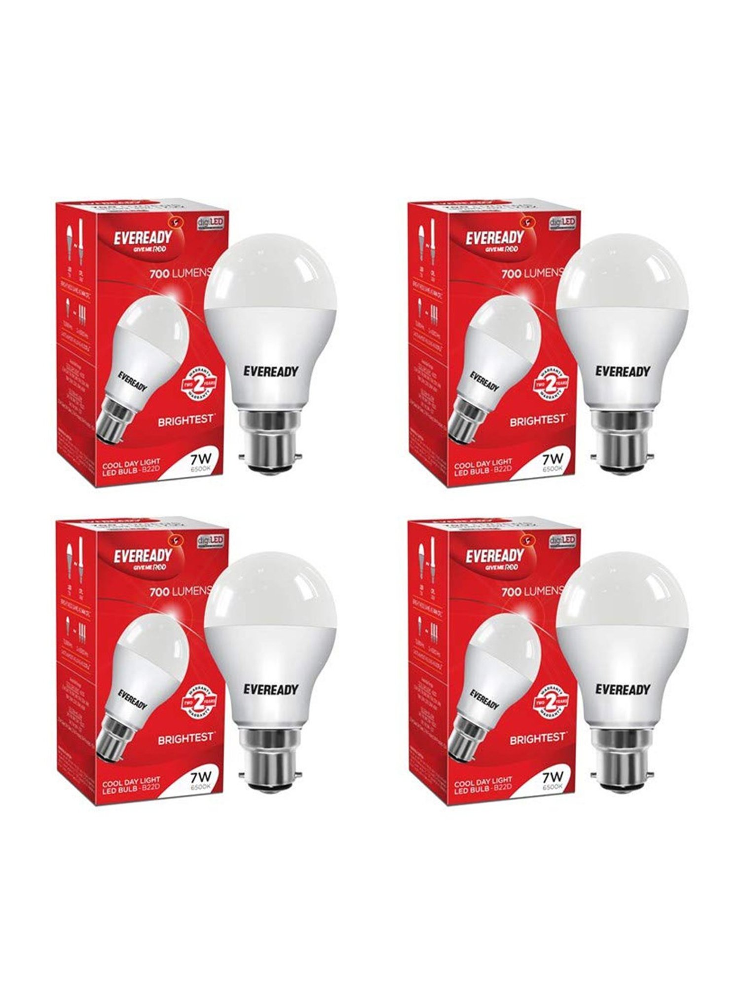 Eveready B22D 7W LED Bulb - Pack of 4 (8901691017990, White)