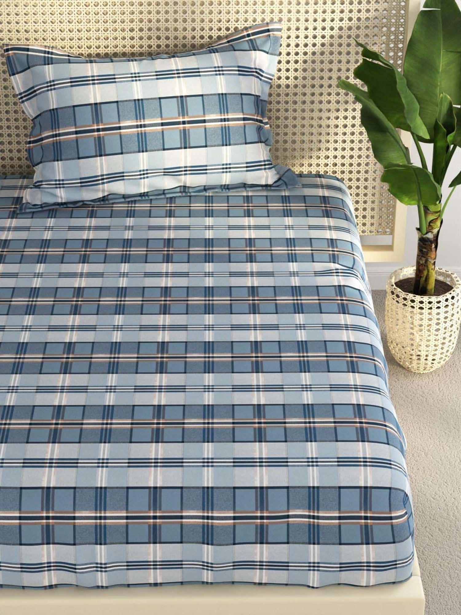 Bianca Estonia Blue 116 TC Poly Cotton Single Bedsheet with 1 Pillow Cover