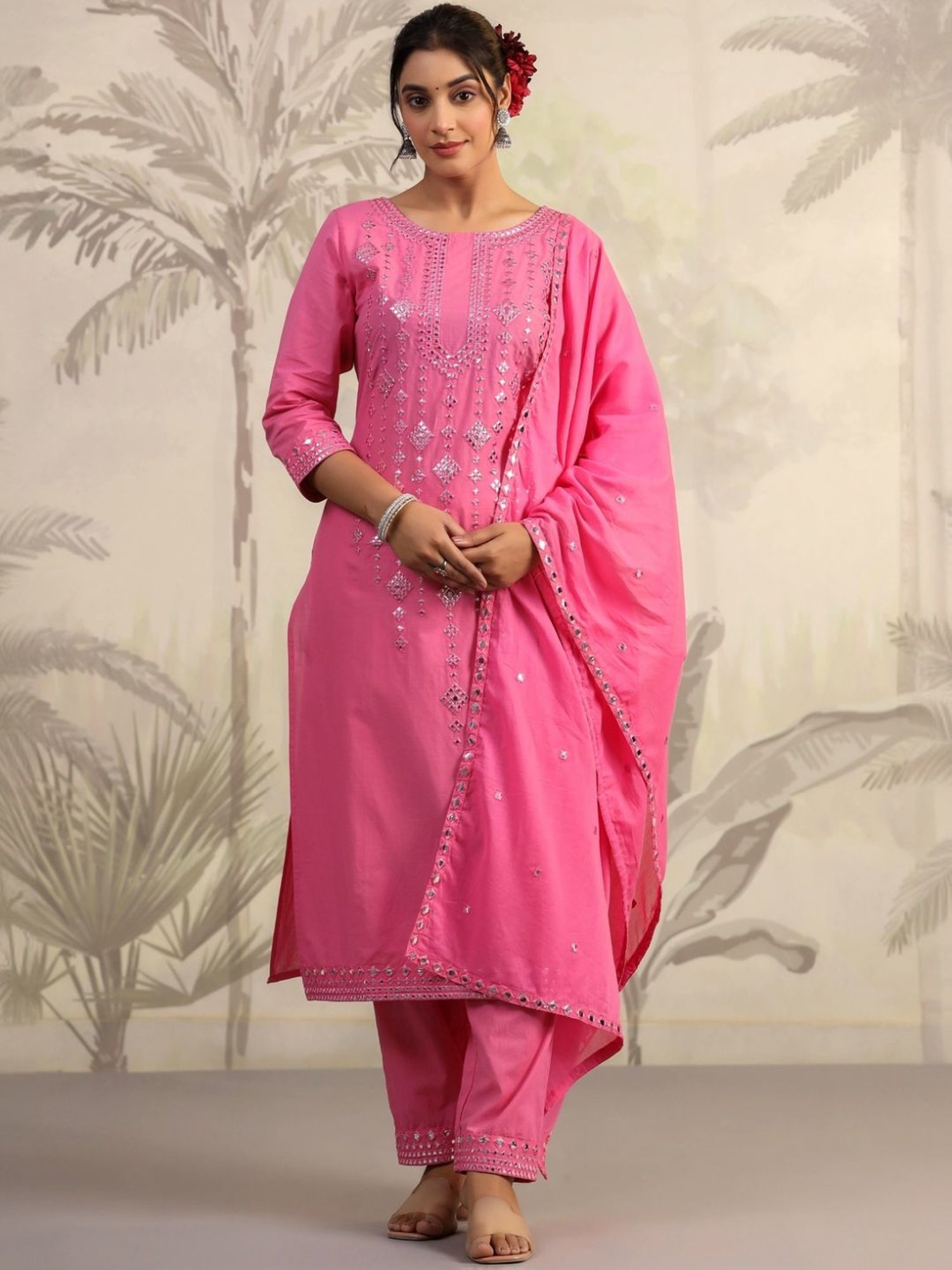 Scakhi Coral Blue Cotton Mirror Embroidered Kurta with Pant and Dupatta