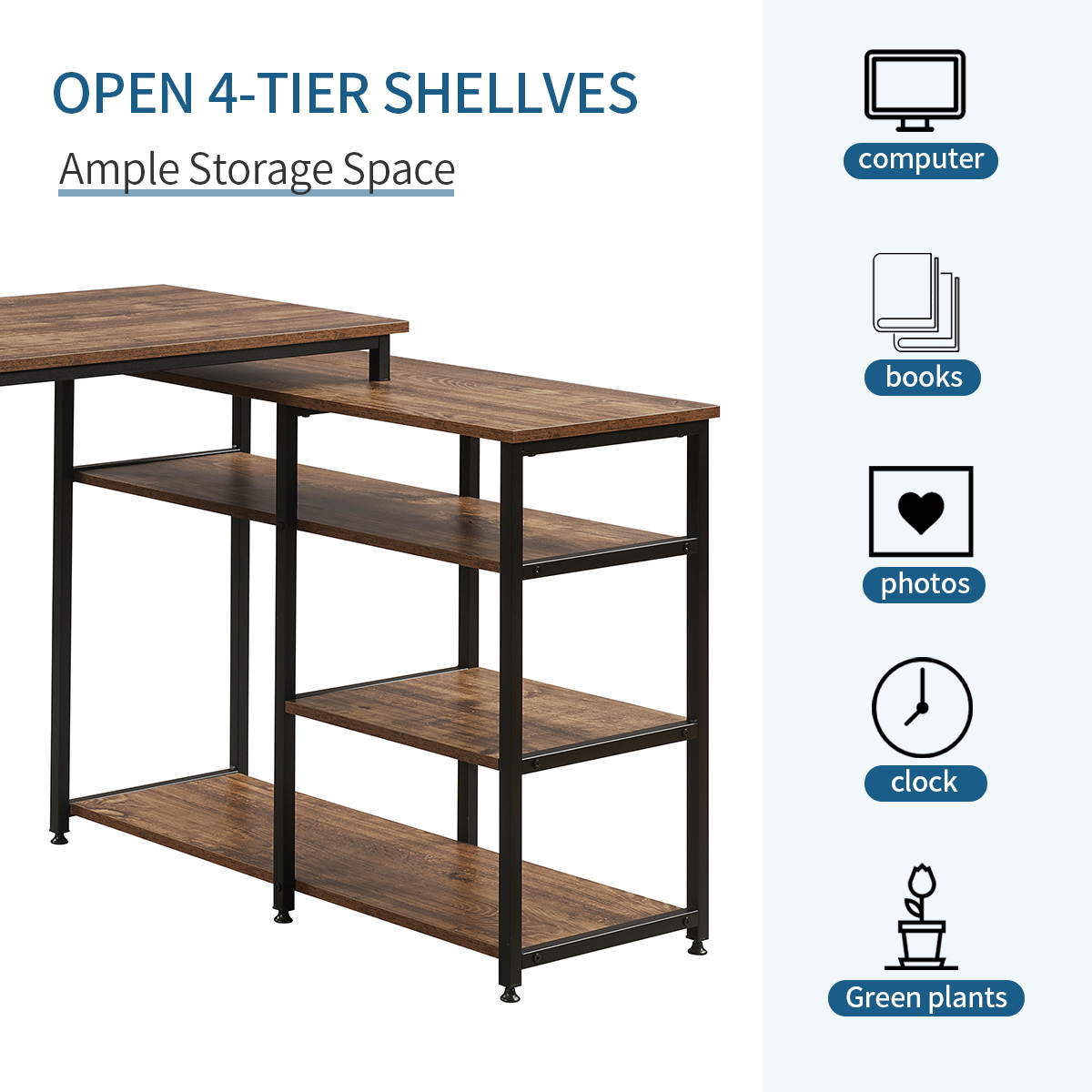 47" L-Shaped Computer Desk Home Office Desk Industrial Style Corner Desk Gaming Desk Left or Right Set Up with Open Shelves Vintage Brown