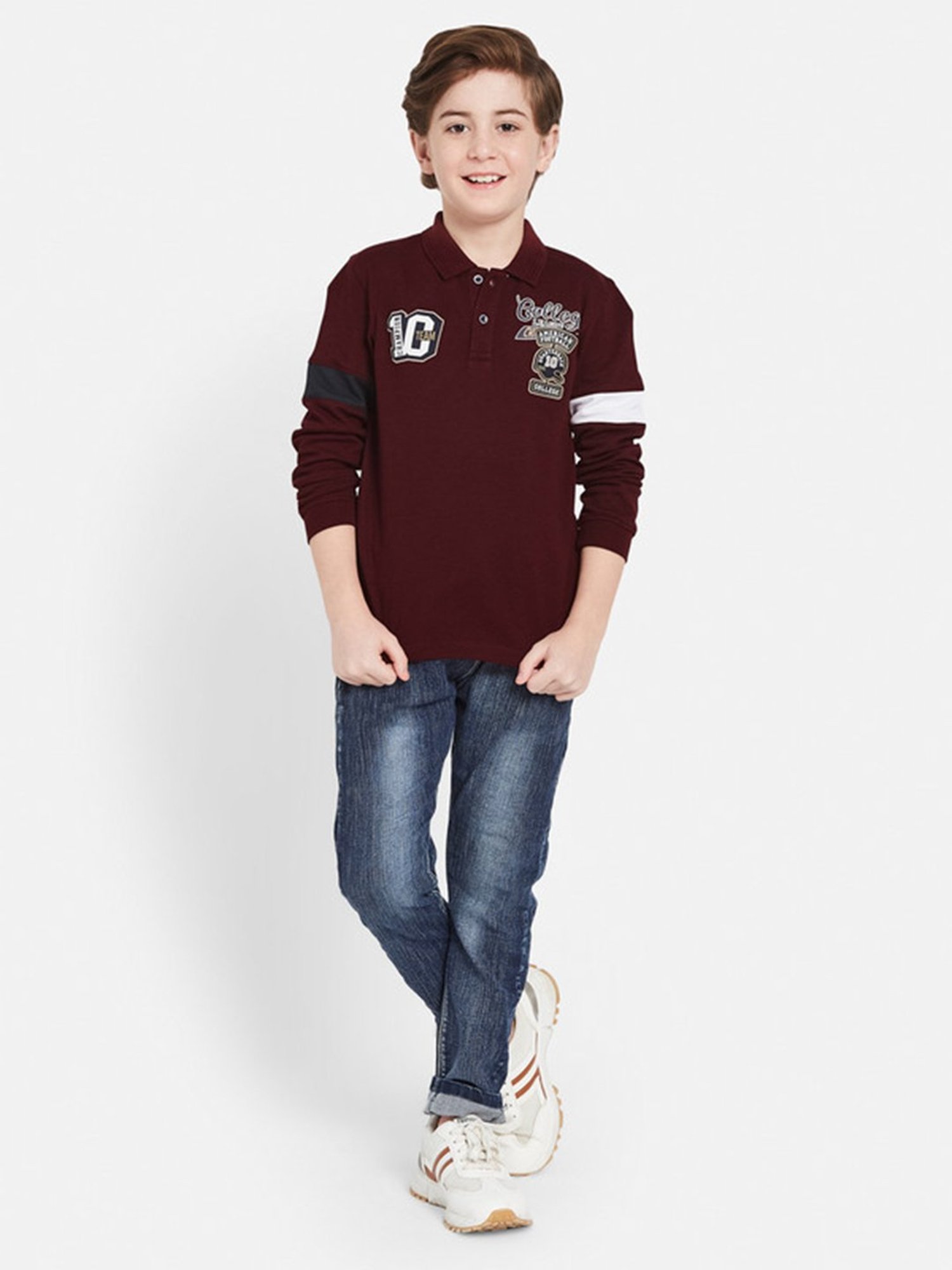 Octave Kids Maroon Graphic Print Full Sleeves Polo T-Shirt