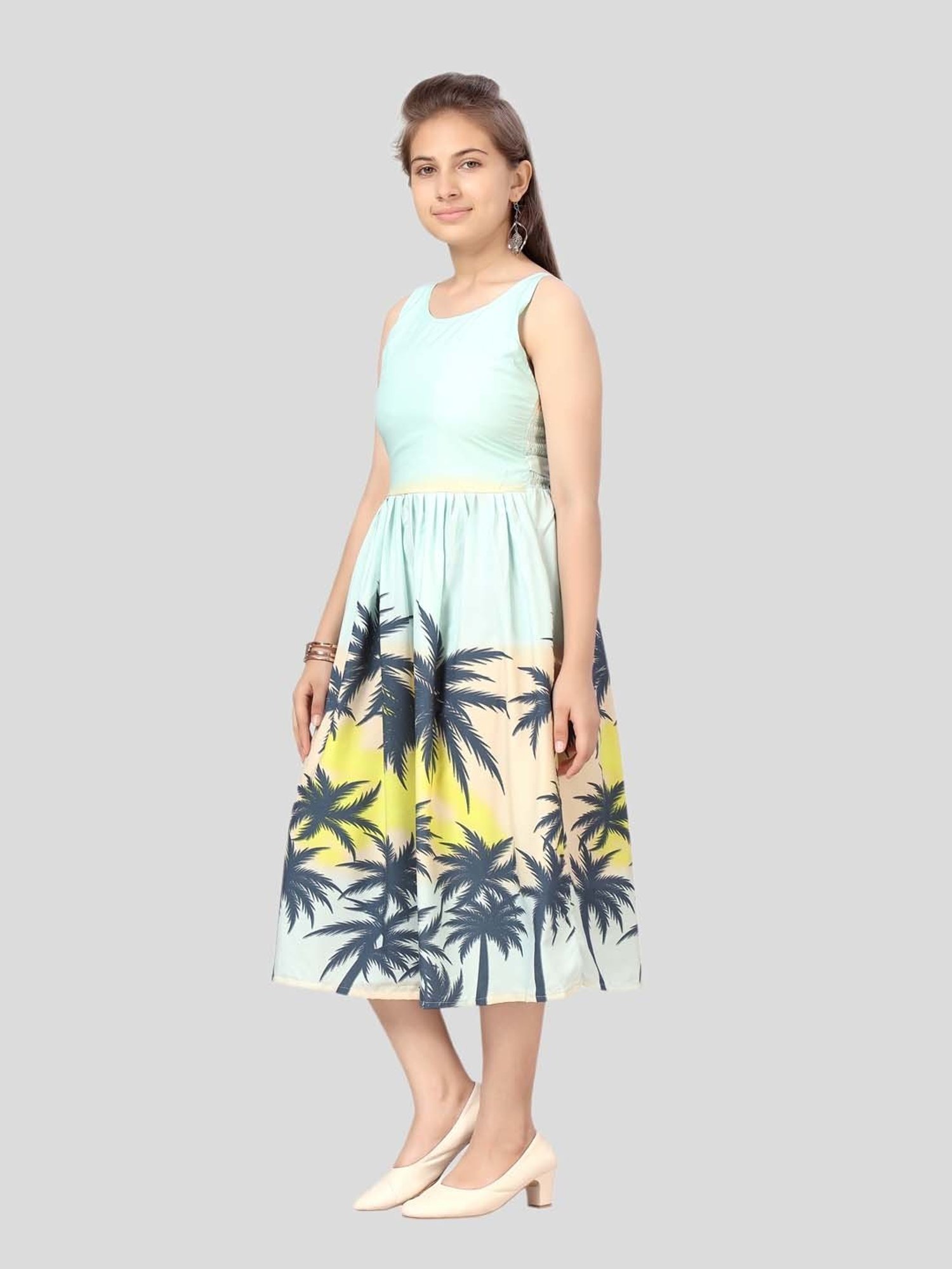 Aarika Kids Firozi Blue Printed Midi Dress