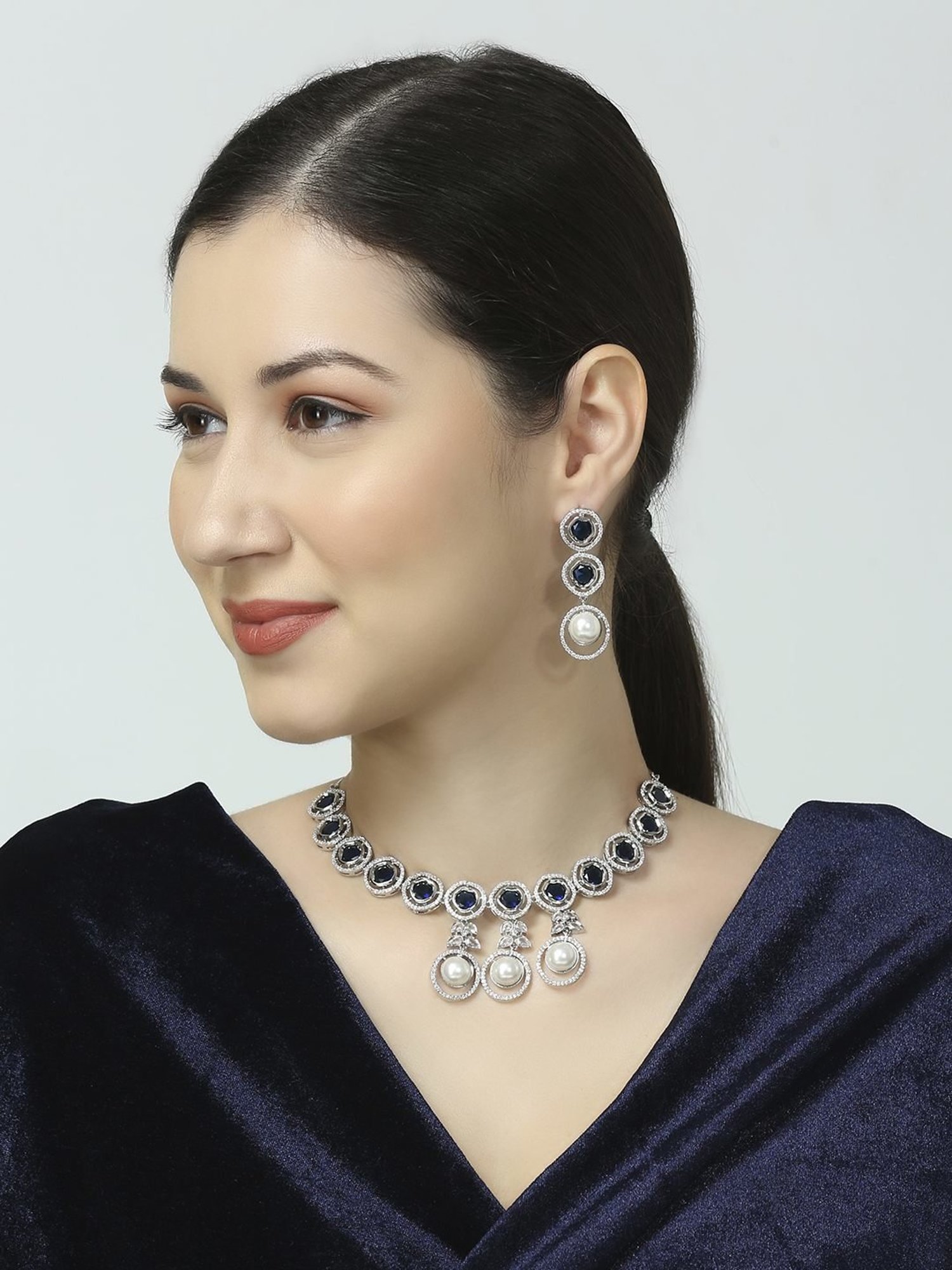 OOMPH Blue American Diamond and Pearls Statement Necklace Set