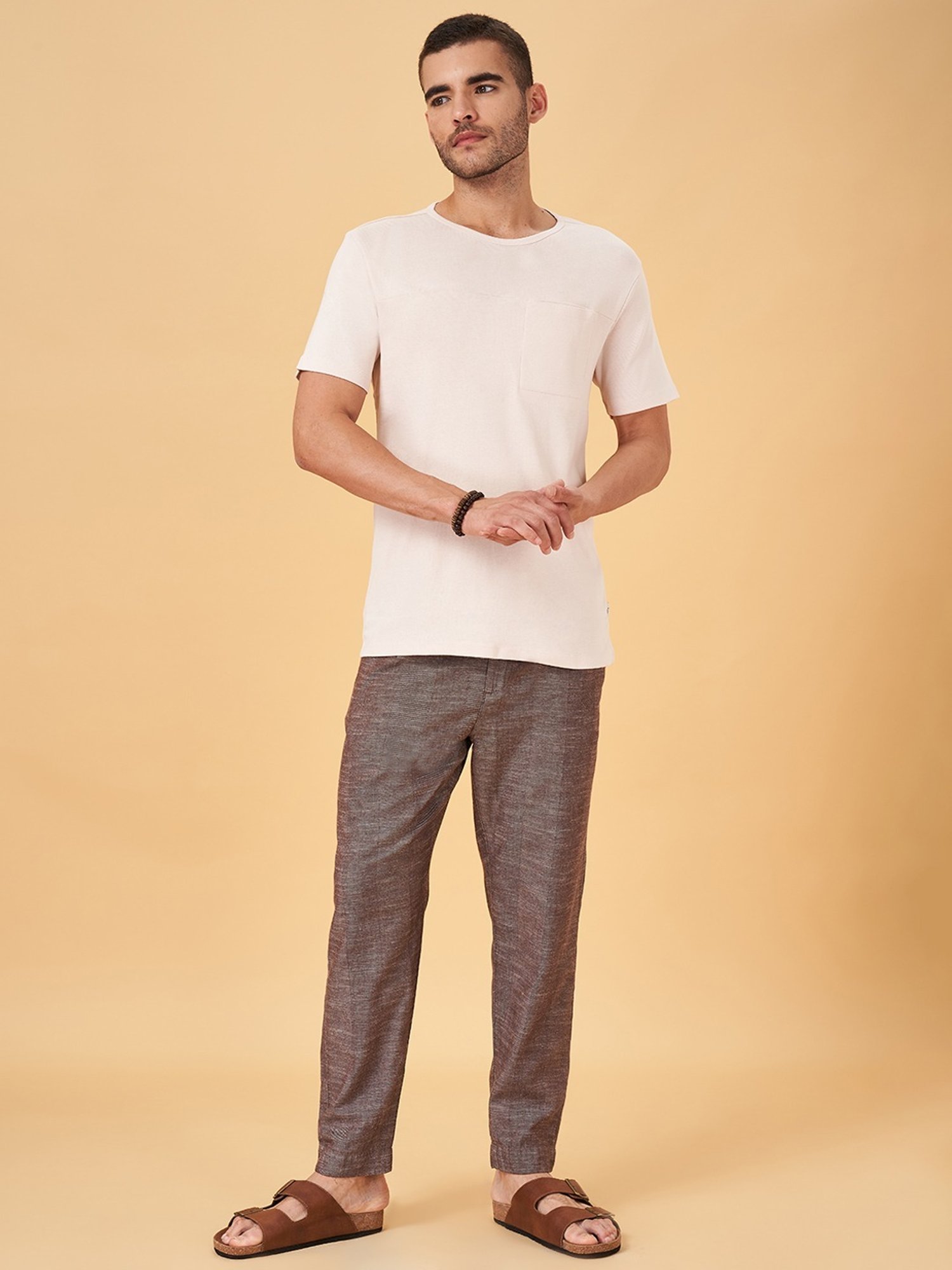 7 Alt by Pantaloons Beige Cotton Slim Fit T-Shirt