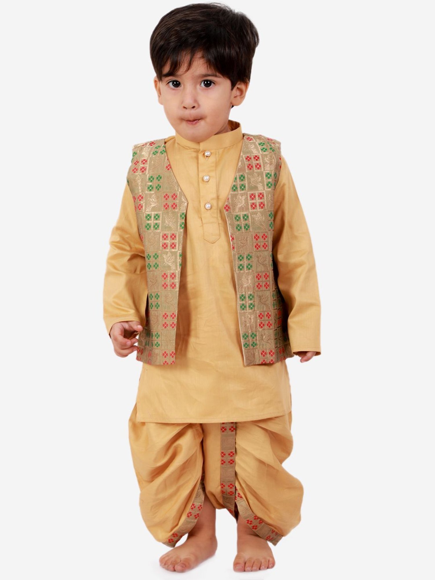Little Bansi Kids Golden Cotton Zari Work Kurta Set