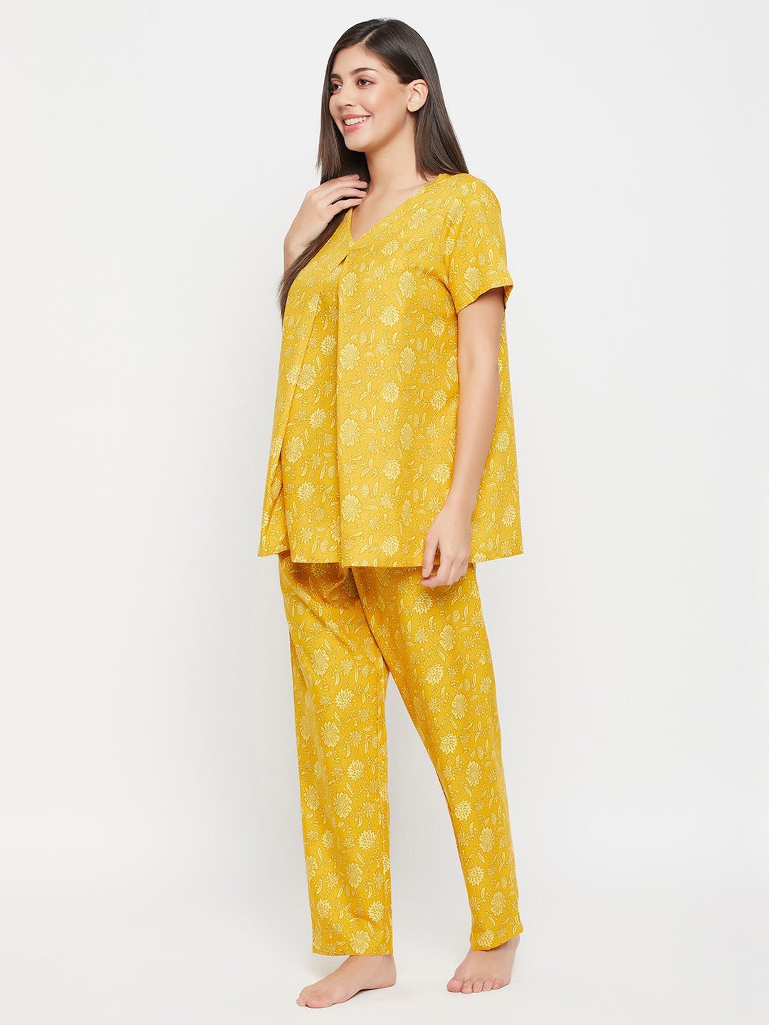 Clovia Yellow Floral Print Maternity Top With Pyjamas