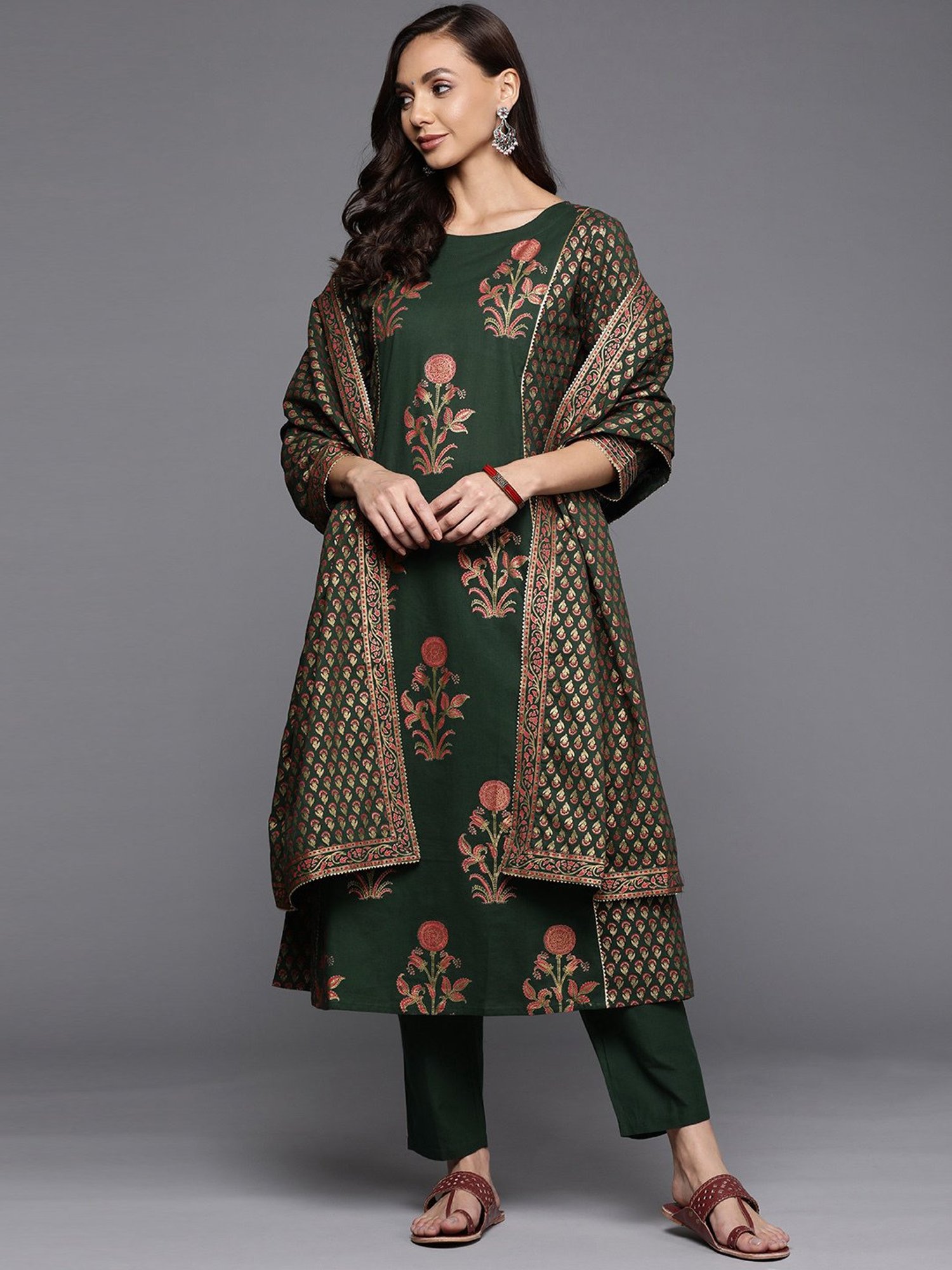 Indo Era Green Printed Kurta Pant Set With Dupatta