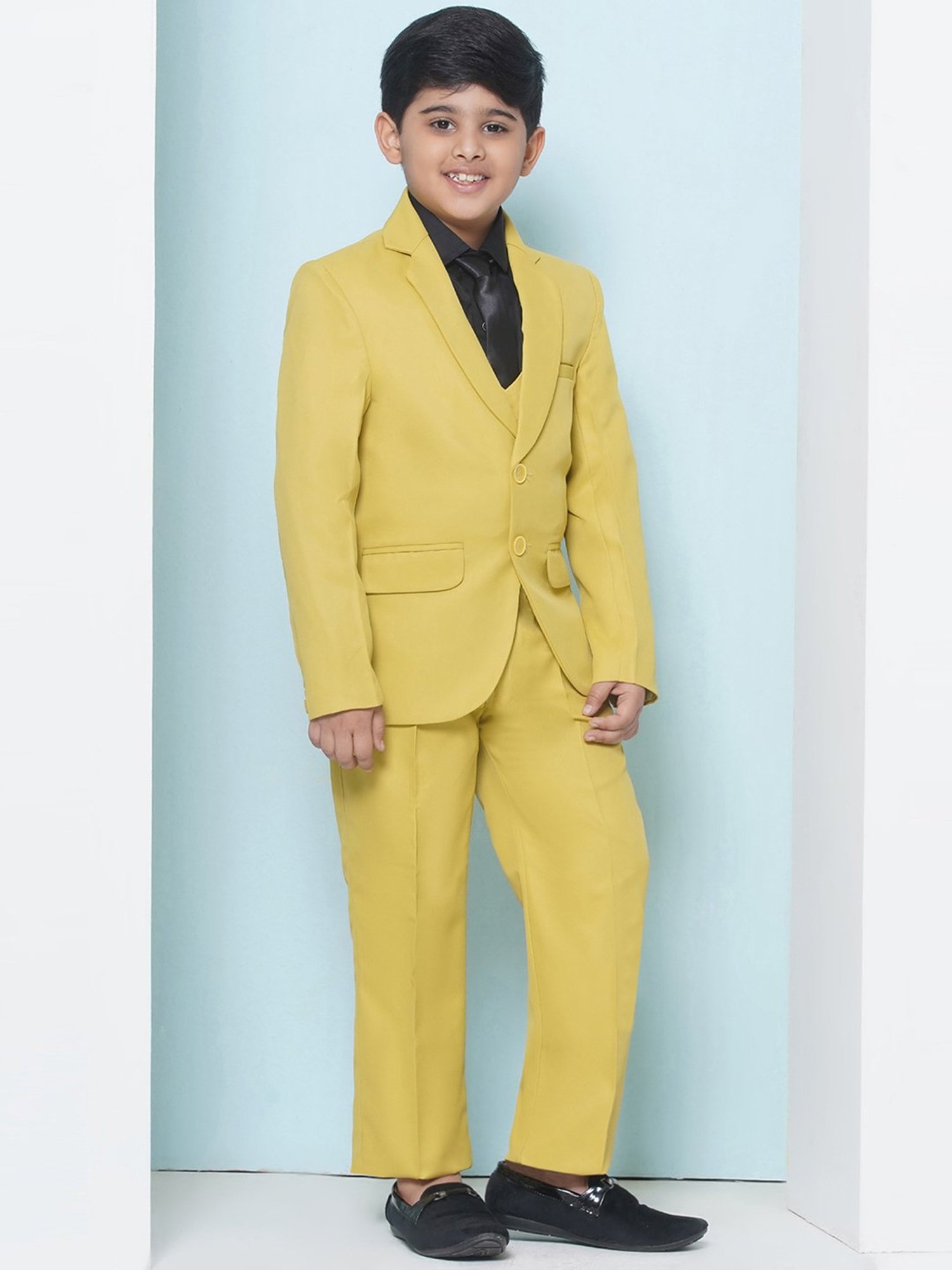 AJ Dezines Kids Mustard & Black Solid Full Sleeves Shirt, Pants, Coat, Waistcoat with Tie