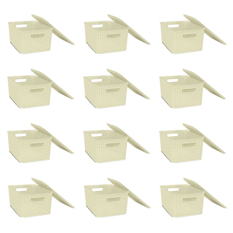 Homz 2211007 Large Plastic Heavy Duty Woven Storage Basket Bin with Matching Lid, Cream (12 Pack)