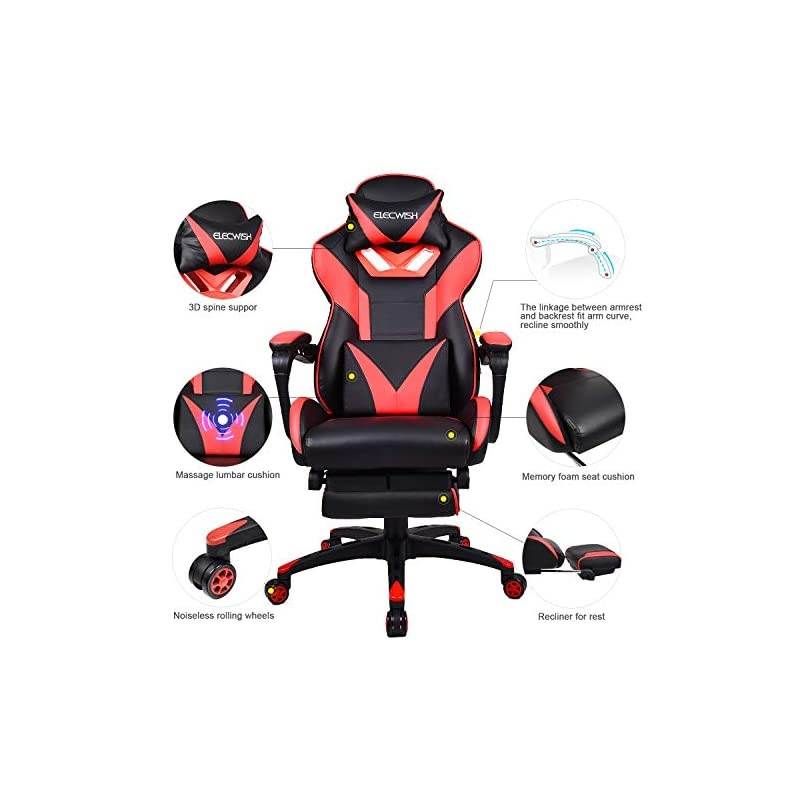 Racing Gaming Chair with Footrest and Massage Lumbar Pillow, Swivel Height Adjustable Reclining PU Leather Video Game Chair, E-Sports Gaming Chair Big and Tall (Black)