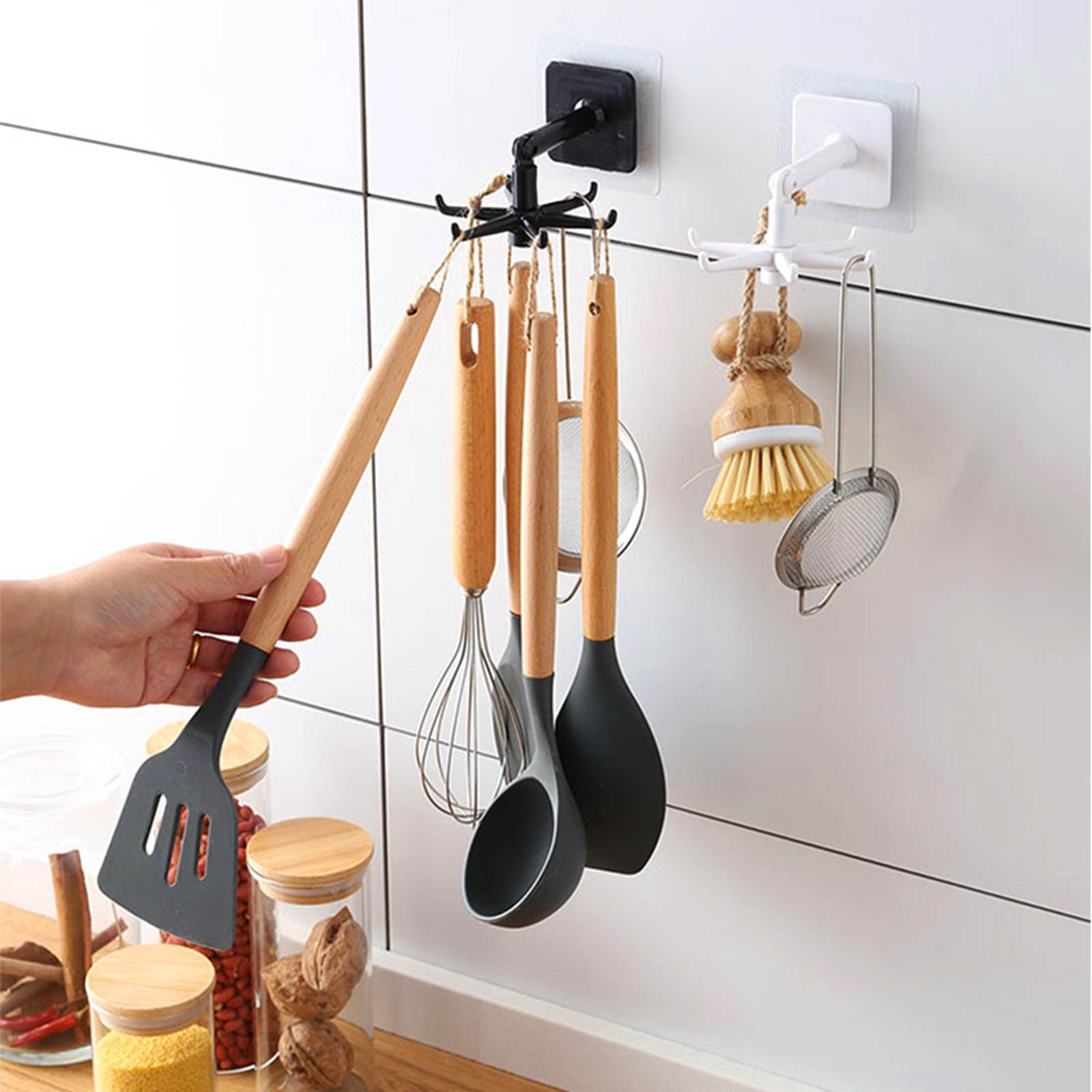 1 Set Strong Durable Smooth Punch-free Wall Hooks Bath Towel Hooks Rotating Hooks