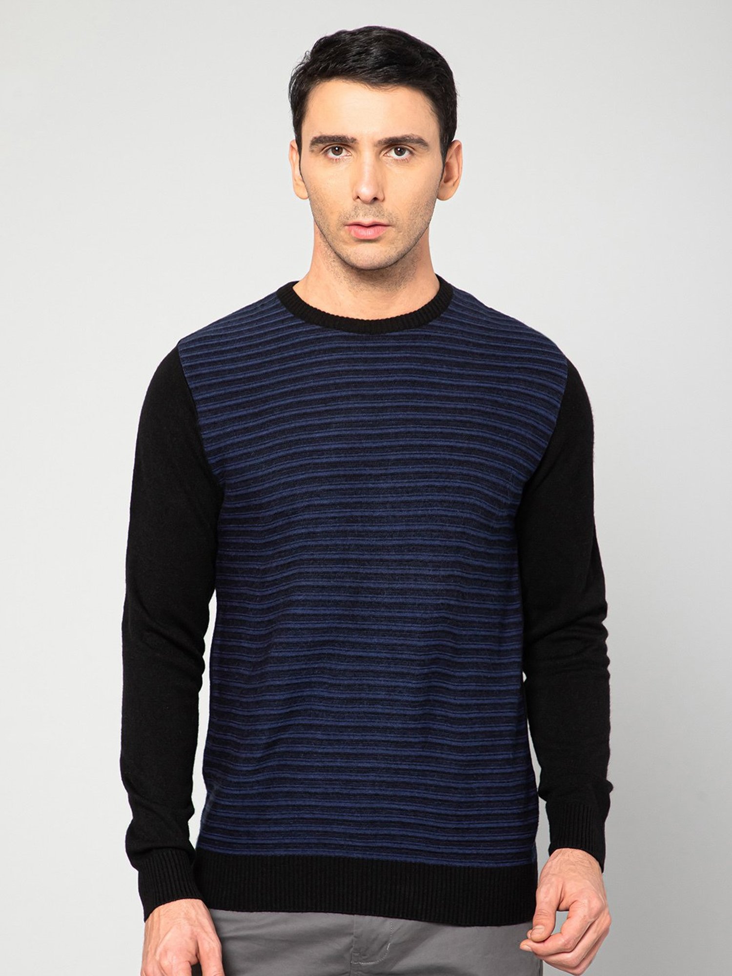 Cantabil Black Regular Fit Striped Sweater