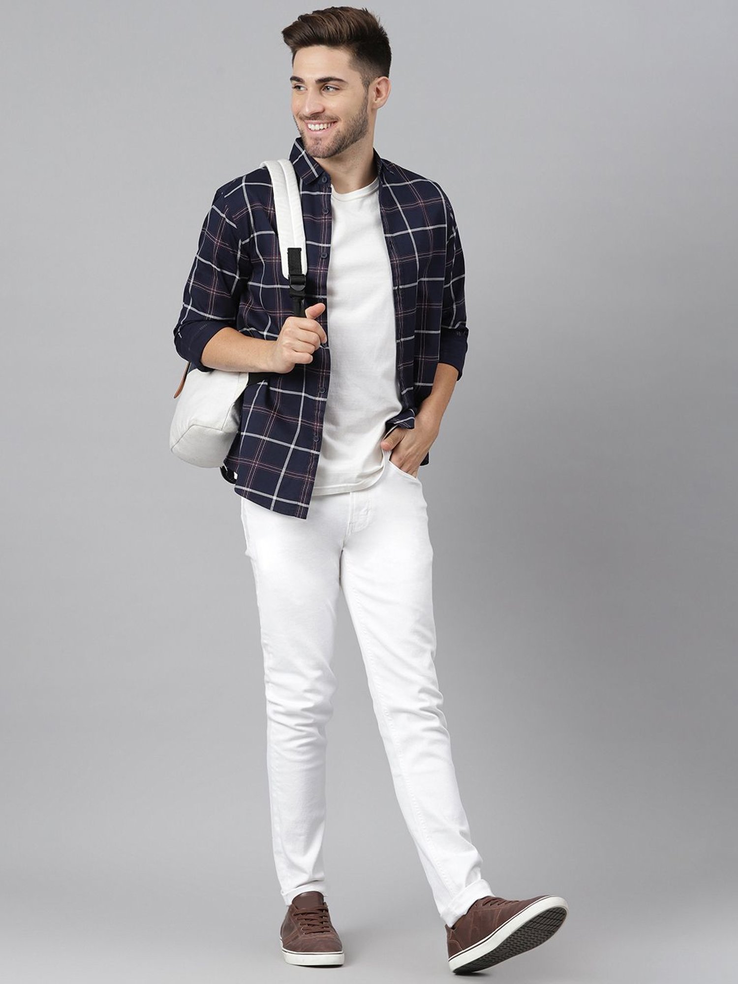 Dennis Lingo Navy Cotton Slim Fit Checks Shirt