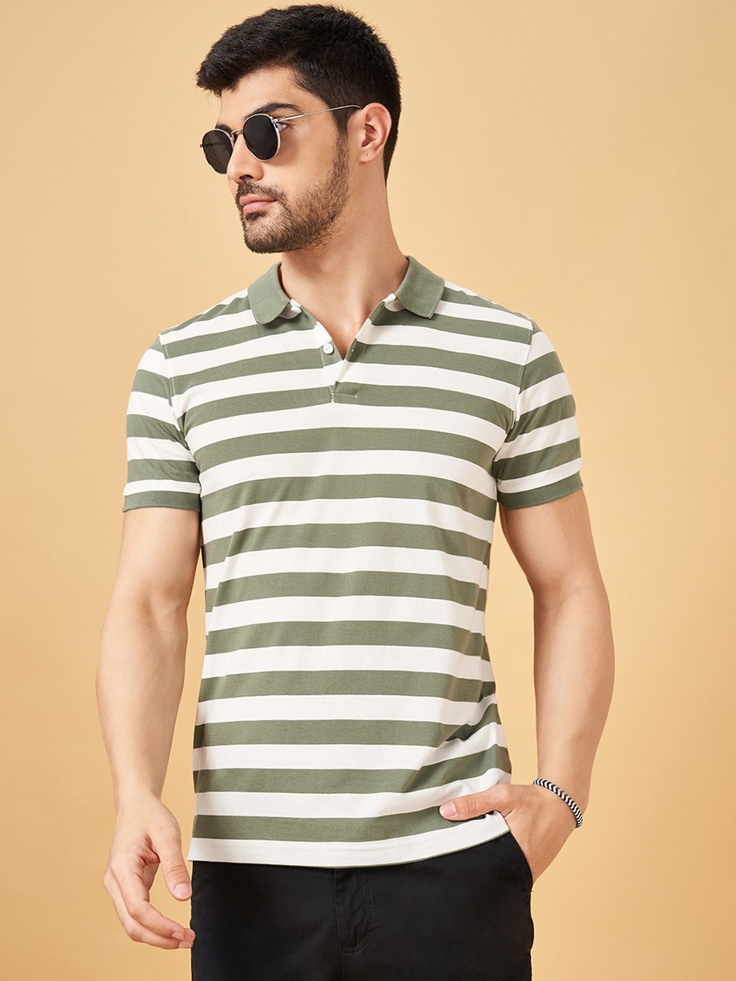Byford By Pantaloons Olive Slim Fit Striped Polo T-Shirt