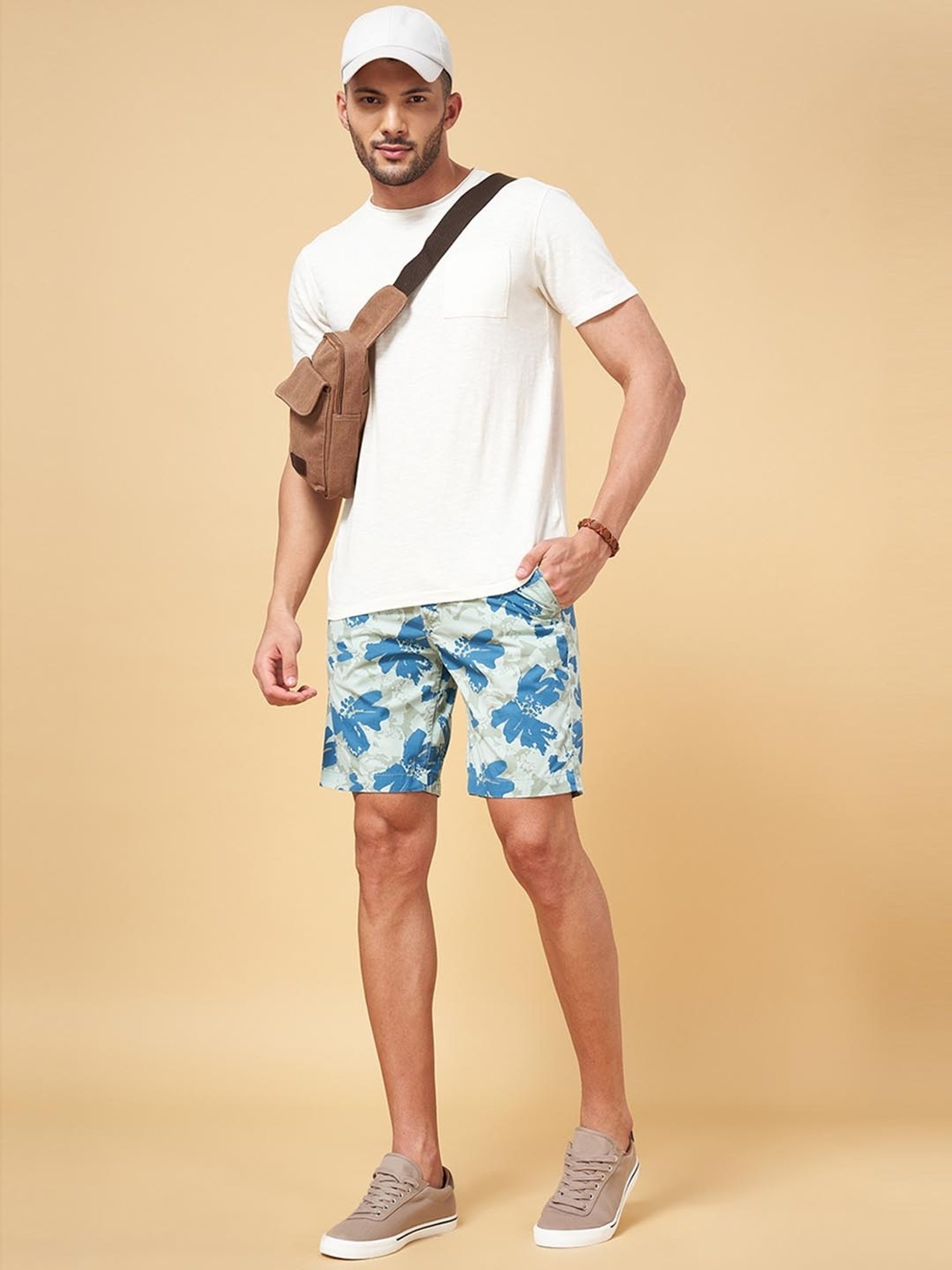 Urban Ranger by Pantaloons Aqua Cotton Slim Fit Printed Shorts