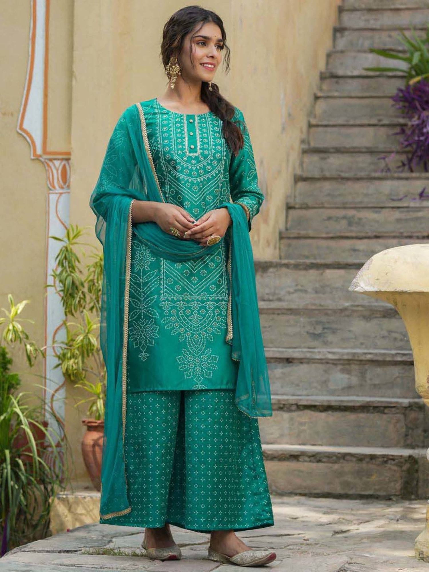 Juniper Teal Bandhani Printed Shantoon Kurta Palazzo & Net Dupatta Set with Lace & Beads Work