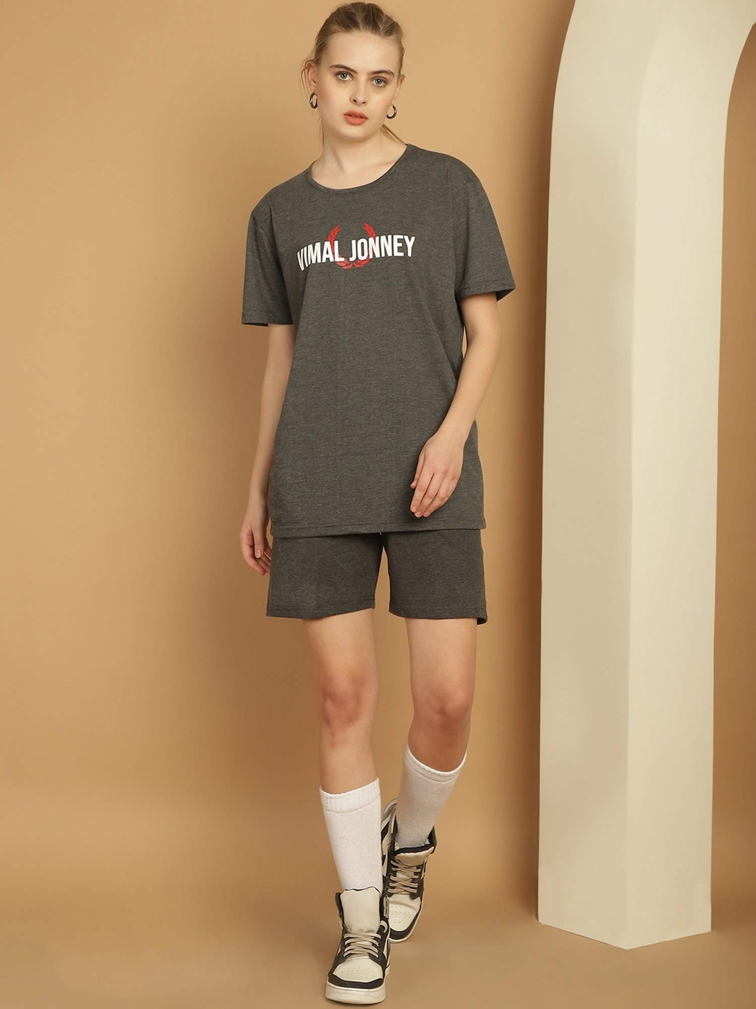 Vimal Jonney Grey Cotton Logo Print T-Shirt & Shorts Set