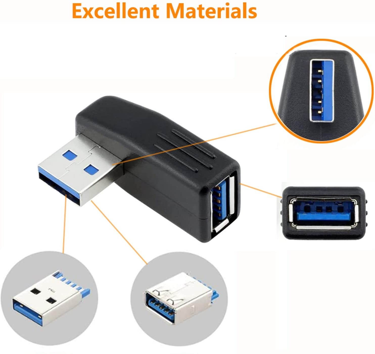 USB 3.0 Adapter 90 Degree Male to Female Coupler Connector Plug Left Angle and Right Anglefor ComputerU Disk Mouse and More(2 Pack)