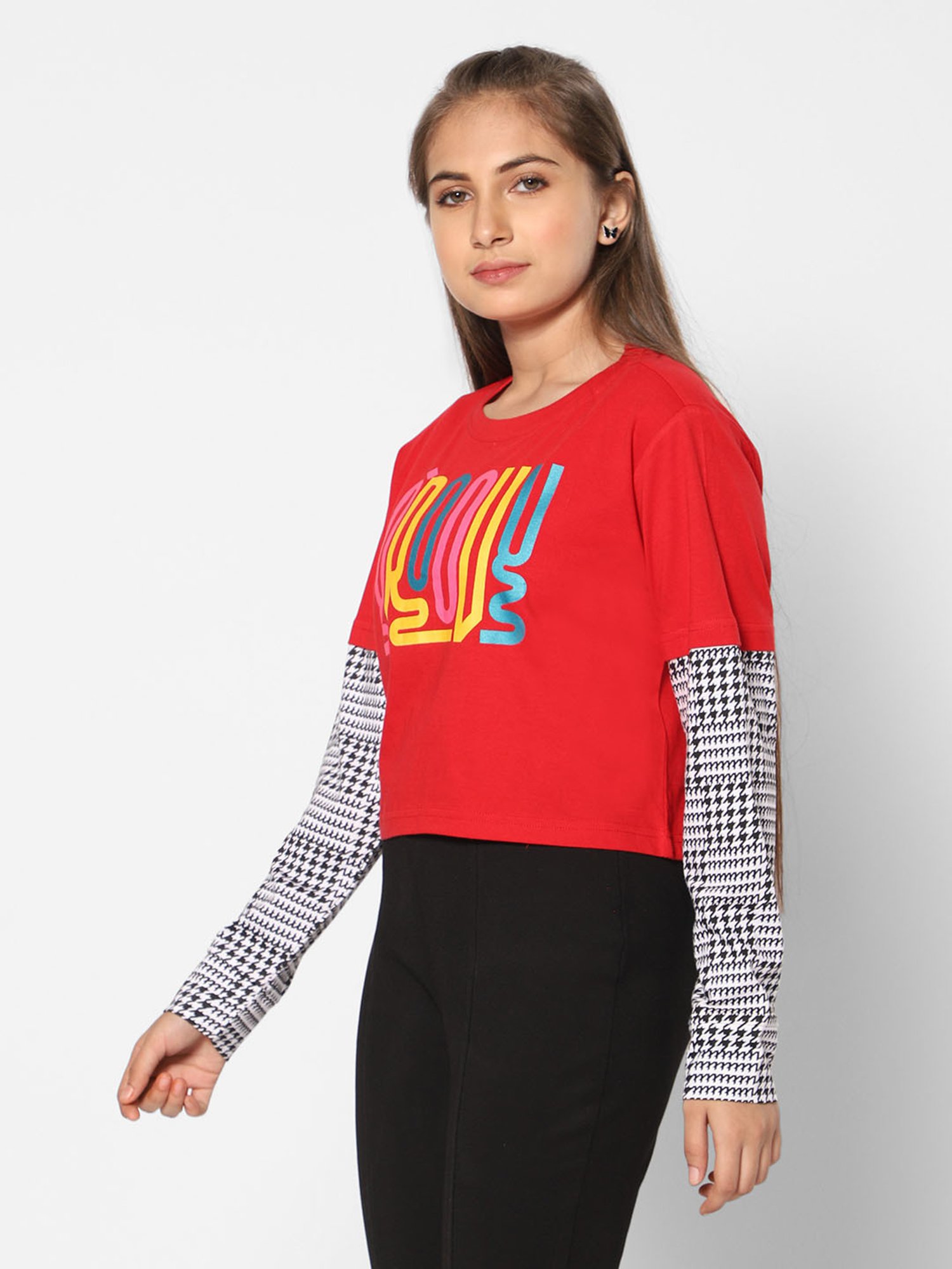 TeenTrums Girls Red Printed Full Sleeves Top