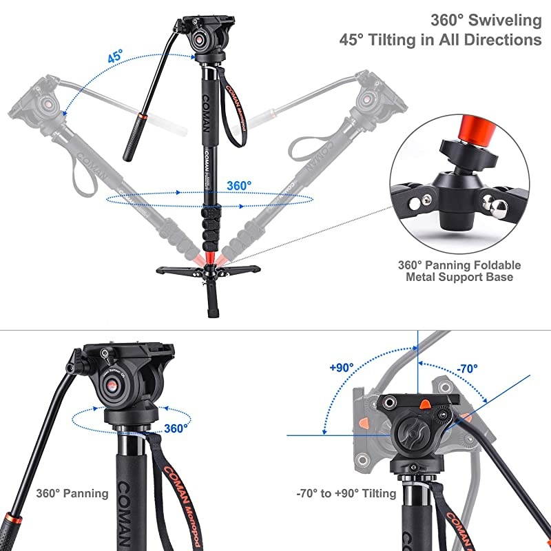 Monopod,  KX3232 73.2 inch Professional Monopod Tripod Lightweight Aluminum Telescopic Camera Monopod with Pan Tilt Fluid Head and Tripod Base for DSLR Video Cameras