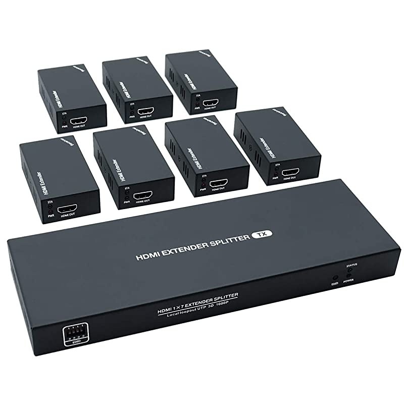 Extender Splitter 1x7 1080P@60Hz Over Cat 5E/6/7 Ethernet Cable 50m (164ft) Support loopout EDID Copy POC Function (1 in 7 Out)