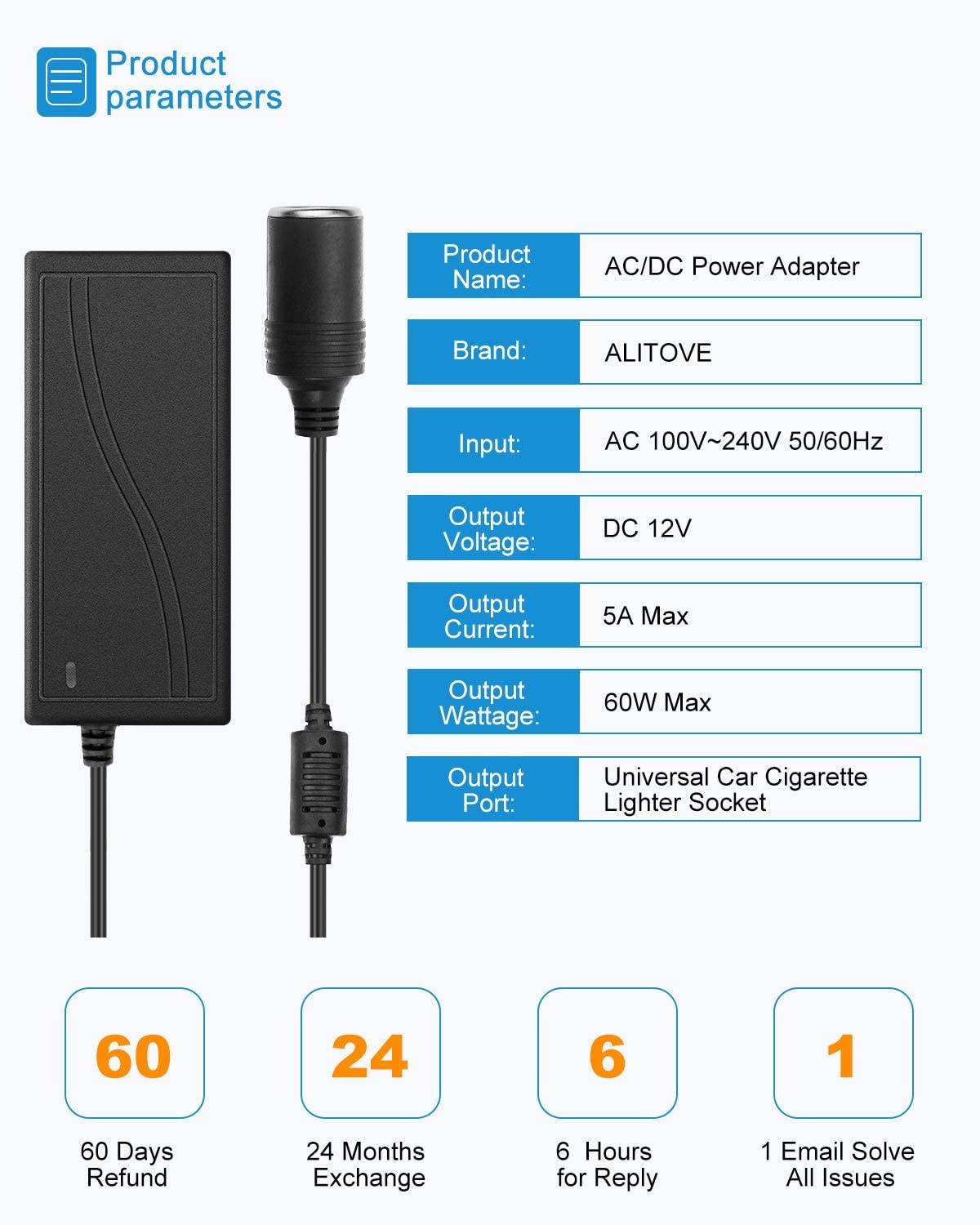 ALITOVE AC to DC Converter 12V 5A 60W 100-240V to 12V Car Cigarette Lighter Socket AC/DC Power Adapter Power Supply for Car Vacuum Cleaner Car Fan Car Air Purifier Car MP3 Other Car Devices Under 60W