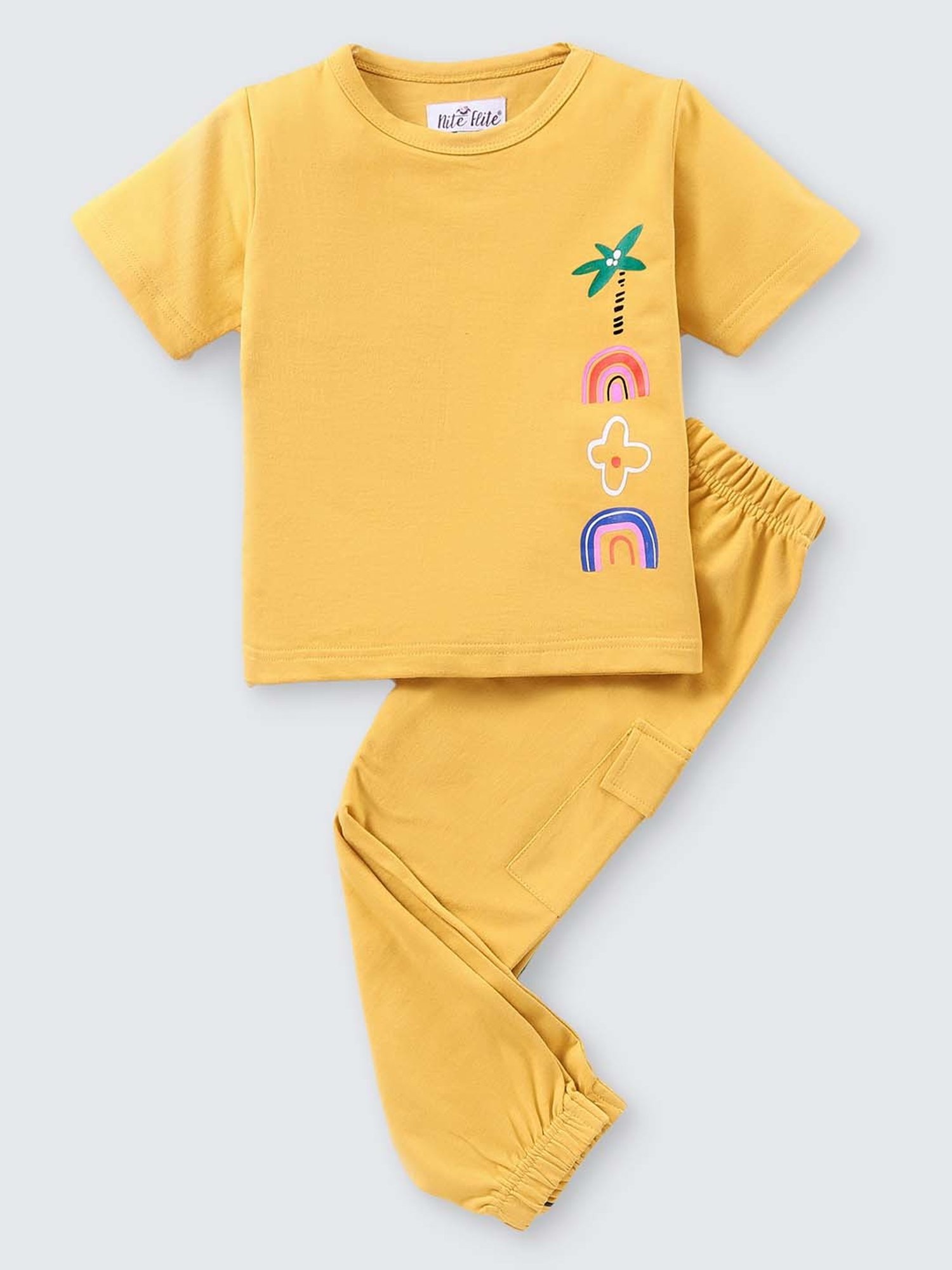 Nite Flite Kids Mustard Cotton Printed T-Shirt Set