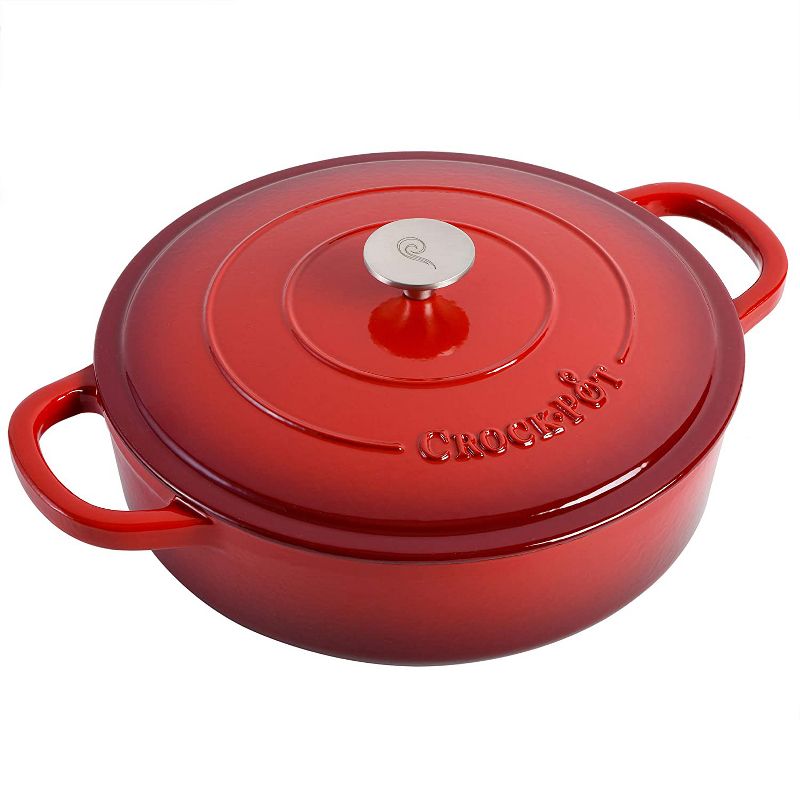 Crock-Pot 5 Quart Capacity Round Enamel Cast Iron Covered Dutch Oven Kitchen Cookware with Matching Self Basting Lid, Scarlet Red