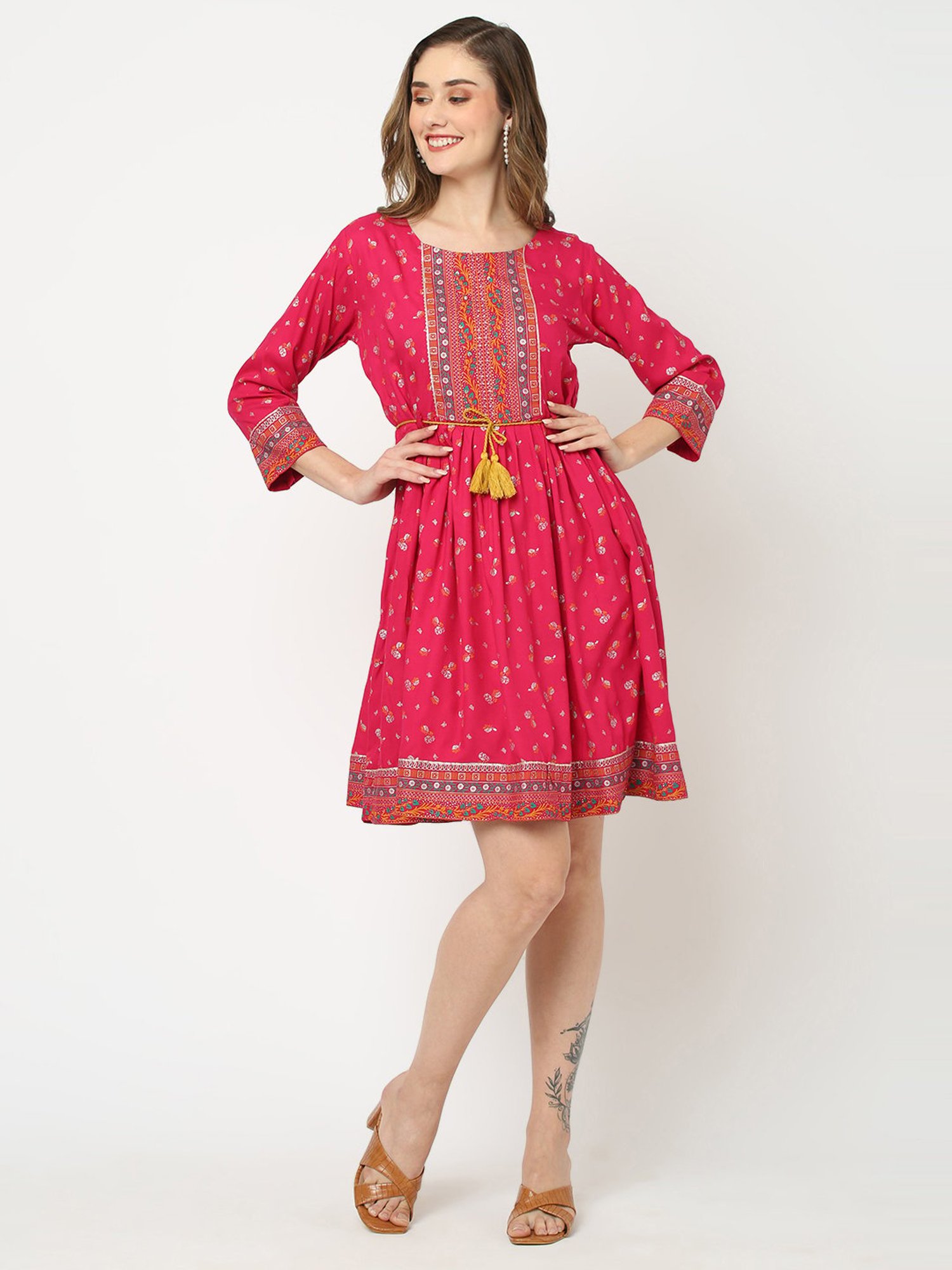 KIANA Pink Printed A-Line Dress