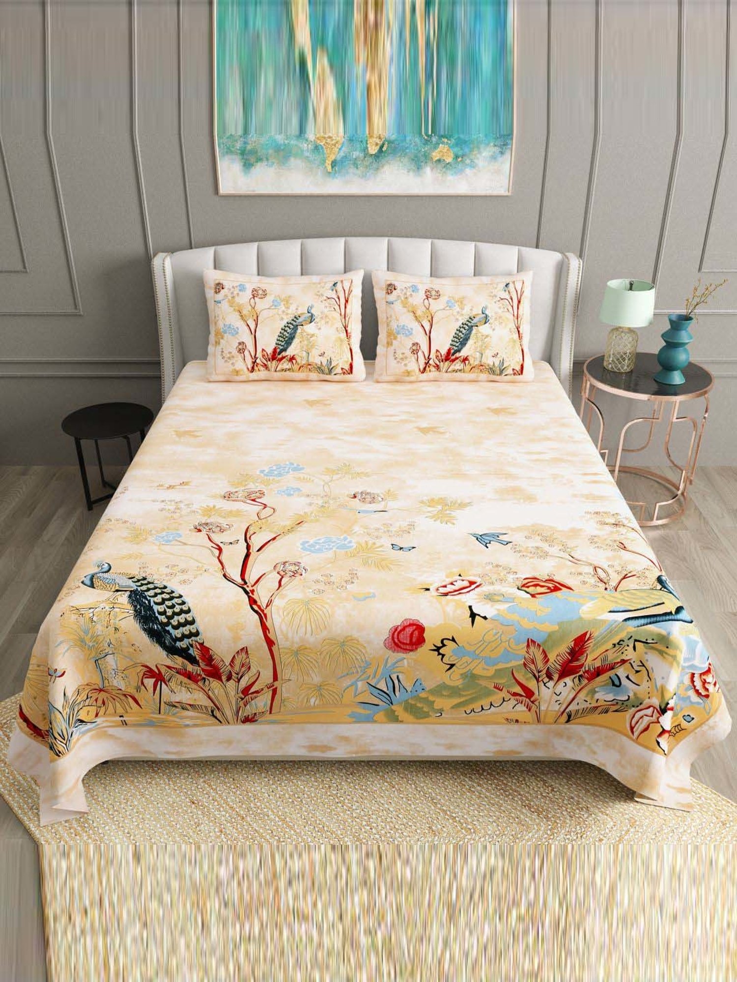 BELLA CASA Ethnic Collection Yellow Cotton 180 TC King Bedsheet with 2 Pillow Covers