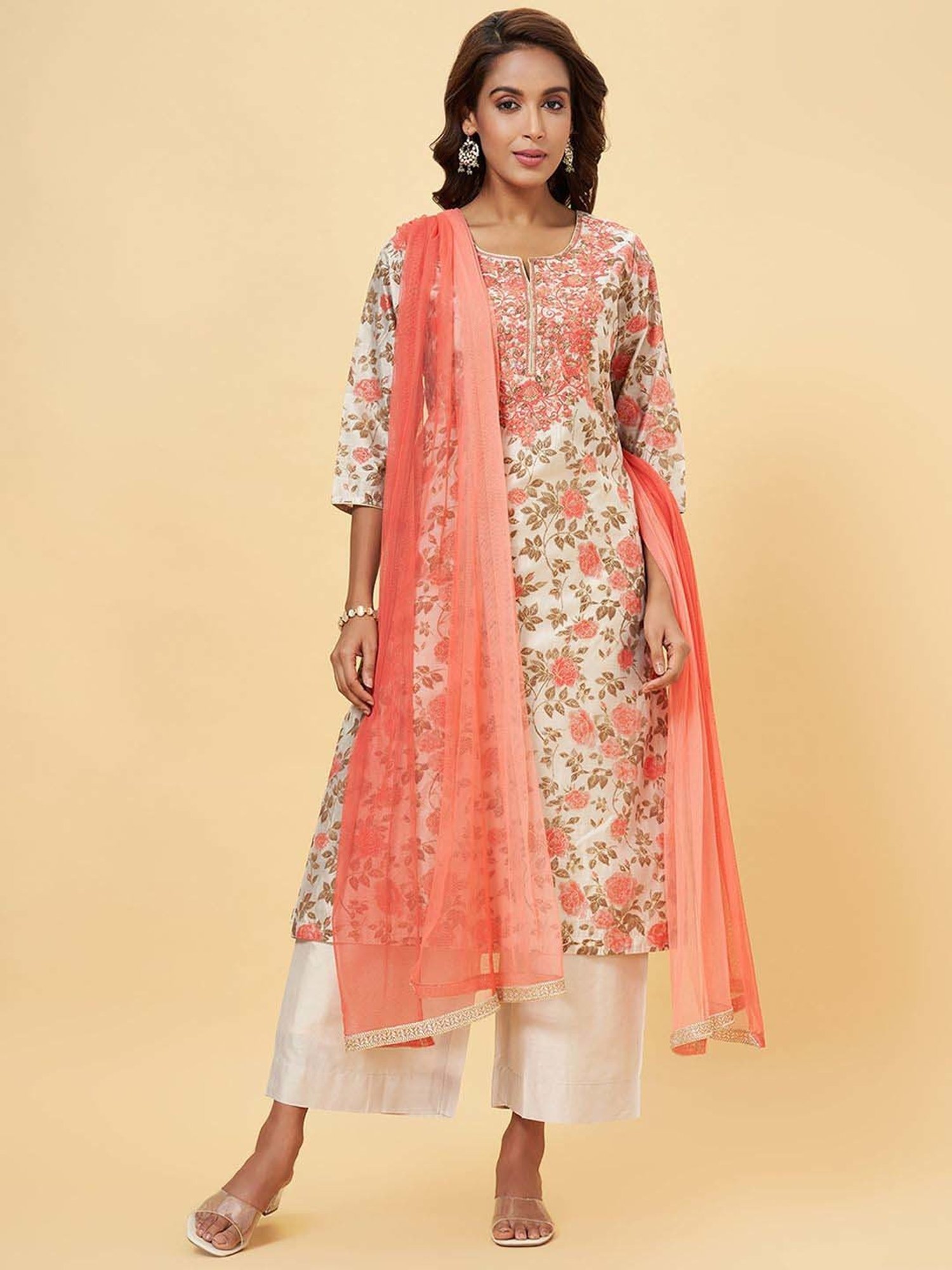 Rangmanch by Pantaloons Beige Embroidered Kurta Palazzo Set With Dupatta