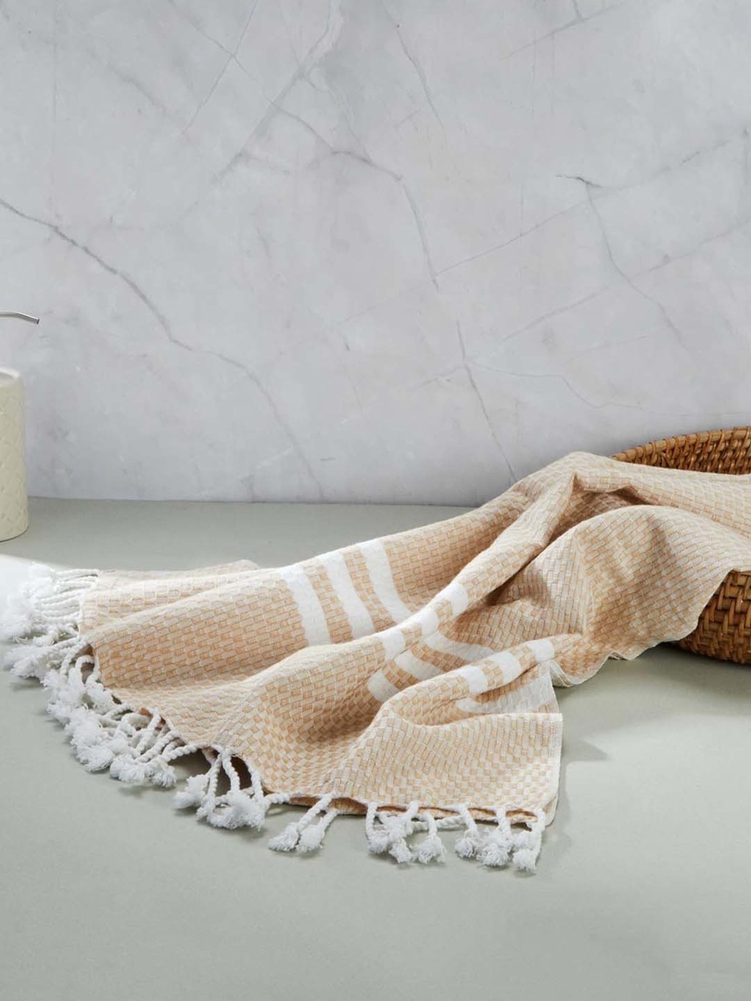 Fabindia Standalone Beige Cotton Large Honeycomb Bath Towel