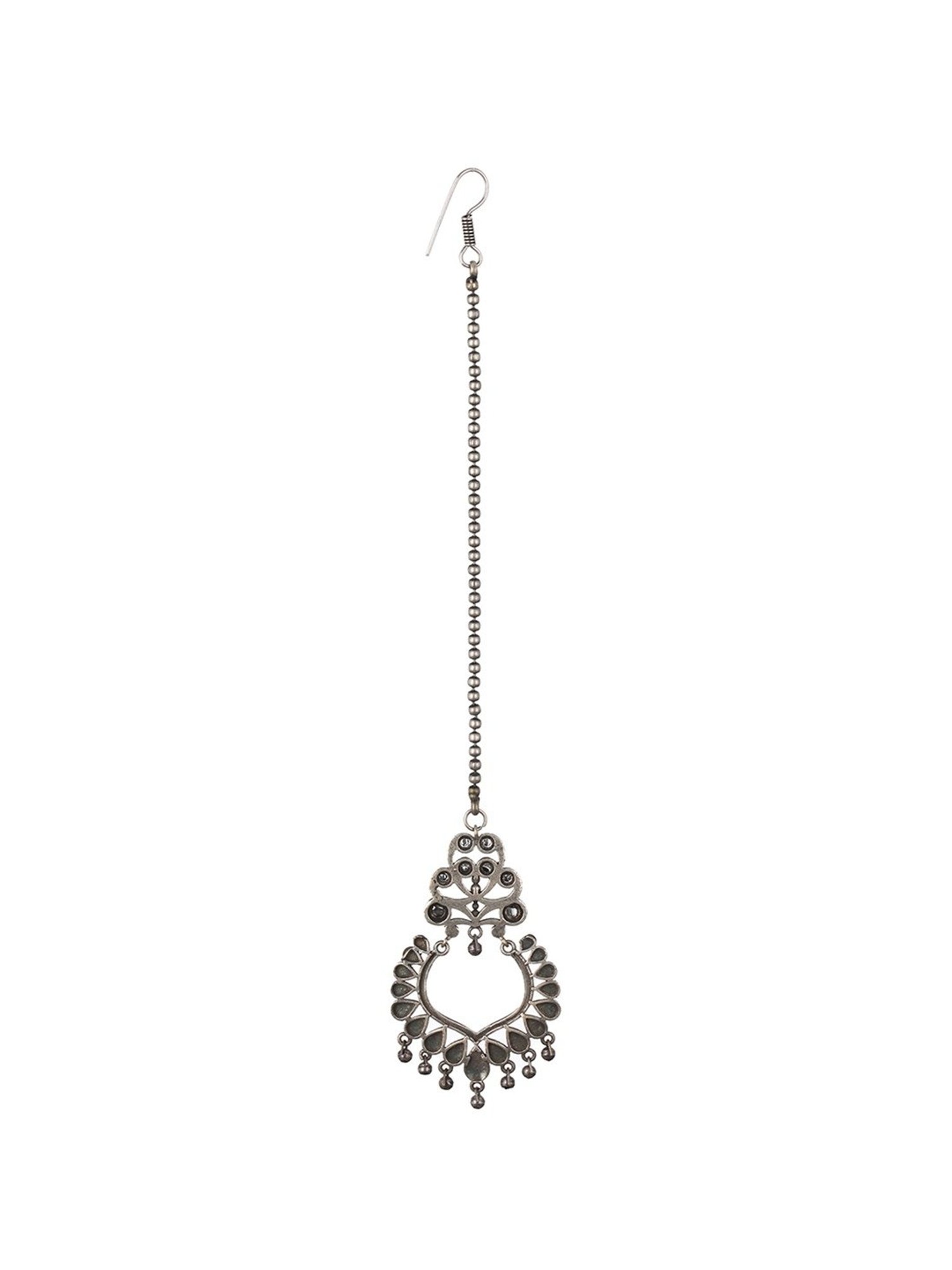 Priyaasi Aesthetic Studded Leaves Oxidized Silver Maangtikka