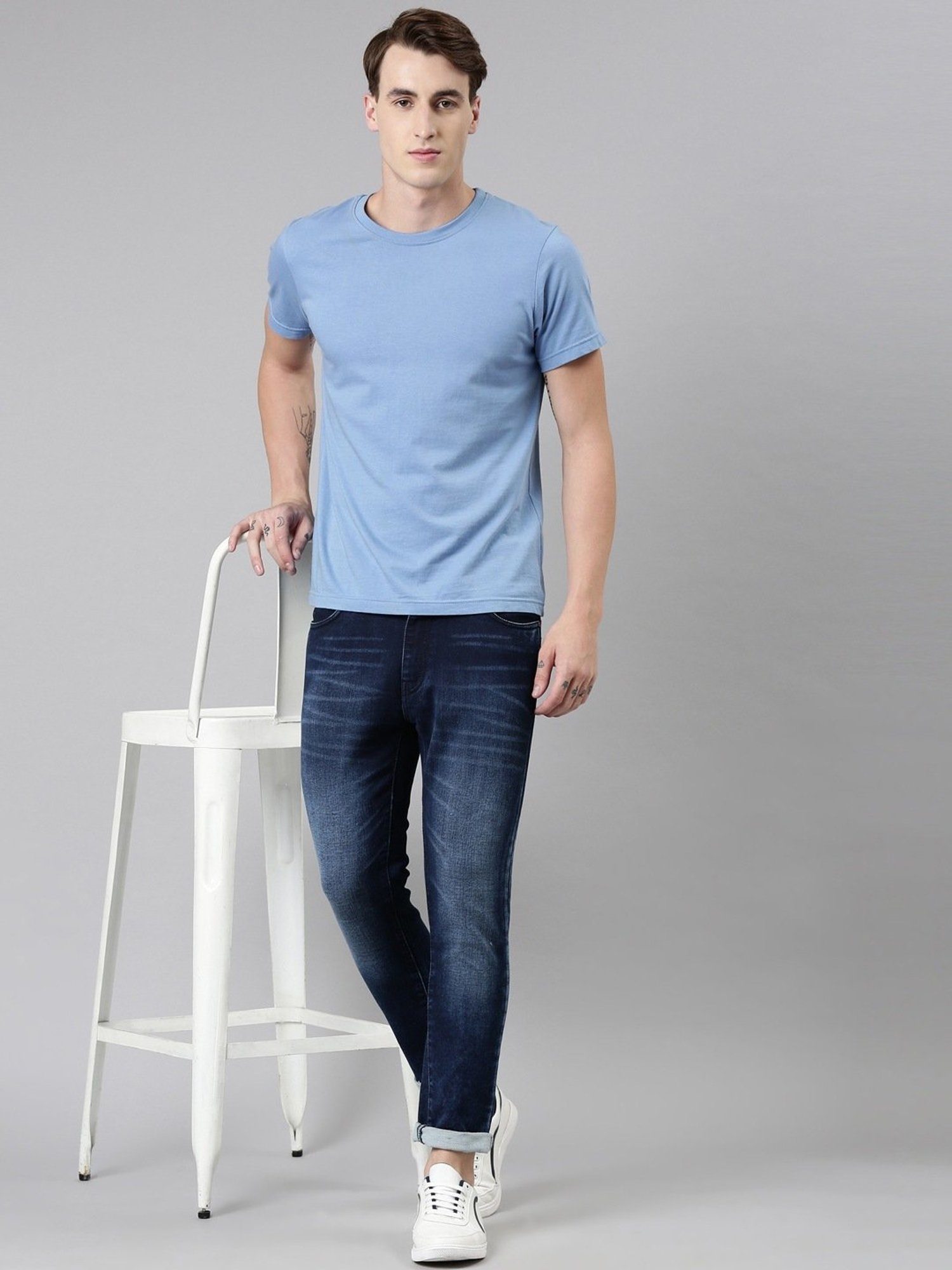 CINOCCI Blue Cotton Slim Fit Jeans
