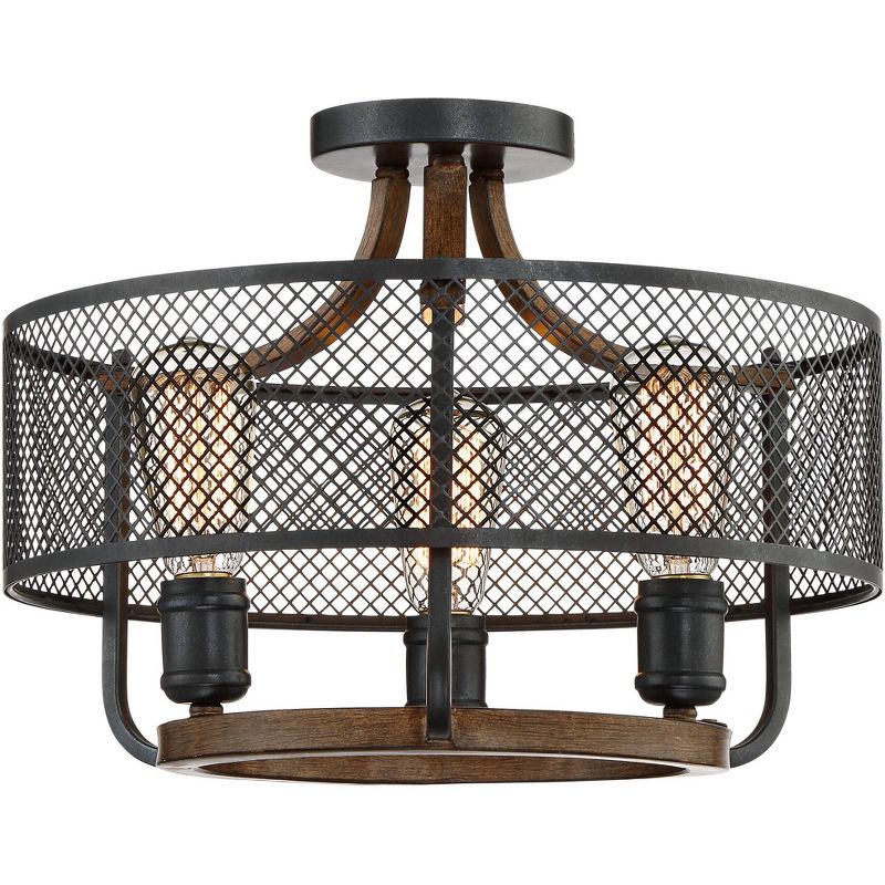 Franklin Iron Works Farmhouse Ceiling Light Semi Flush Mount Fixture Black Mesh Wood 16" Wide 3-Light for Bedroom Kitchen Hallway