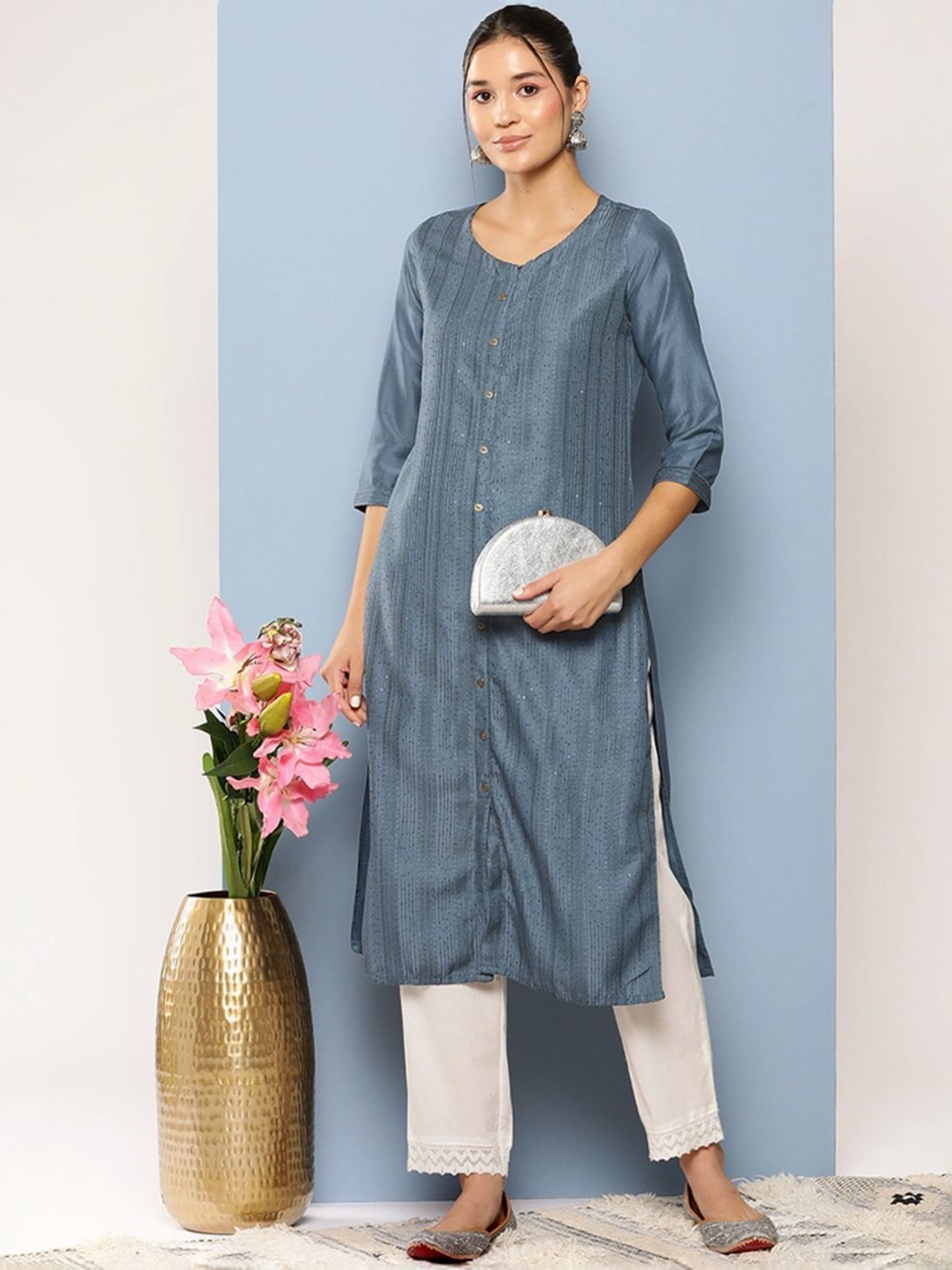 Aarika Grey Cotton Embroidered Straight Kurta